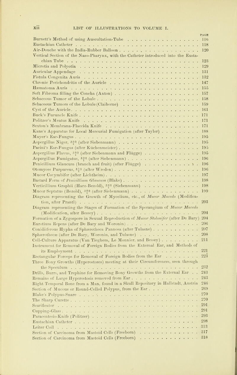 PAGE Burnett’s Method of using Auscultation-Tube.116 Eustachian Catheter.118 Air-Douche with the India-Rubber Balloon. 120 Vertical Section of the Naso-Pharvnx, with the Catheter introduced into the Eusta¬ chian Tube.123 Microtia and Polyotia. 129 Auricular Appendage.131 Fistula Congenita Auris.132 Chronic Perichondritis of the Auricle.147 Hcematoma Auris.155 Soft Fibroma filling the Concha (Anton).157 Sebaceous Tumor of the Lobule.158 Sebaceous Tumors of the Lobule (Claiborne) .159 Cyst of the Auricle.161 Buck’s Furuncle Knife.171 Politzer’s Meatus Knife.171 Sexton’s Memhrana-Flaccida Knife ..171 Kane’s Apparatus for Local Mercurial Fumigation (after Taylor).188 Mayer’s Ear-Fungus...195 Aspergillus Niger, A.05. (after Siebenmann).195 Pacini’s Ear-Fungus (after Kiichenmeister)...195 Aspergillus Flavus, (after Siebenmann and Fliigge).195 Aspergillus Fumigatus, £oa (after Siebenmann). 196 Penicillium Glaucum (branch and fruit) (after Fliigge) . ..\ . 196 Otomyces Purpureus, -Up (after Wreden).196 Mucor Corymbifer (after Lichtheim).197 Bastard Form of Penicillium Glaucum (Blake).198 Verticillium Graphii (Harz-Bezold), (Siebenmann)...198 Mucor Septatus (Bezold), -3-24 (after Siebenmann).199 Diagram representing the Growth of Mycelium, etc., of Mucor Mucedo (Modifica¬ tion, after Prantl).203 Diagram representing the Stages of Formation of the Sporangium of Mucor Mucedo (Modification, after Bessey).204 Formation of a Zygospore in Sexual Reproduction of Mucor Stolonifer (after De Bary) 204 Eurotium Repens (after De Bary and Woronin).206 Conidiiferous Hypha of Sphserotheca Pannosa (after Tulasne) ..207 Sphaerothec* (after De Bary, Woronin, and Tulasne).208 Cell-Culture Apparatus (Van Tieghem, Le Monnier, and Bessey).211 Instrument for Removal of Foreign Bodies from the External Ear, and Methods of its Employment. 221 Rectangular Forceps for Removal of Foreign Bodies from the Ear.223 Three Bony Growths (Hyperostoses) meeting at their Circumferences, seen through the Speculum.232 Drills, Burrs, and Trephine for Removing Bony Growths from the External Ear . . 243 Remains of Large Hyperostosis removed from Ear.243 Right Temporal Bone from a Man, found in a Skull Repository in Hallstadt, Austria 246 Section of Mucous or Round-Celled Polypus, from the Ear.269 Blake’s Polypus-Snare.270 The Sharp Curette. 270 Scarificator.291 Cupping-Glass.291 Paracentesis-Knife (Politzer).293 Eustachian Catheter. 298 Leiter Coil.313 Section of Carcinoma from Mastoid Cells (Freeborn).317 Section of Carcinoma from Mastoid Cells (Freeborn).318