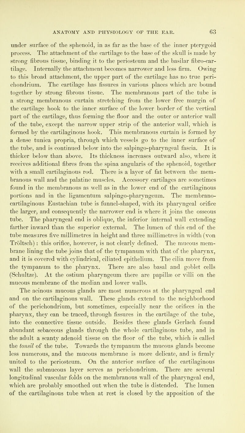 under surface of the sphenoid, in as far as the base of the inner pterygoid process. The attachment of the cartilage to the base of the skull is made by strong fibrous tissue, binding it to the periosteum and the basilar fibro-car- tilage. Internally the attachment becomes narrower and less firm. Owing to this broad attachment, the upper part of the cartilage has no true peri¬ chondrium. The cartilage has fissures in various places which are bound together by strong fibrous tissue. The membranous part of the tube is a strong membranous curtain stretching from the lower free margin of the cartilage hook to the inner surface of the lower border of the vertical part of the cartilage, thus forming the floor and the outer or anterior wall of the tube, except the narrow upper strip of the anterior wall, which is formed by the cartilaginous hook. This membranous curtain is formed by a dense tunica propria, through which vessels go to the inner surface of the tube, and is continued below into the salpingo-pharyngeal fascia. It is thicker below than above. Its thickness increases outward also, where it receives additional fibres from the spina angularis of the sphenoid, together with a small cartilaginous rod. There is a layer of fat between the mem¬ branous wall and the palatine muscles. Accessory cartilages are sometimes found in the membranous as well as in the lower end of the cartilaginous portions and in the ligamentum salpingo-pharyngeum. The membrano- cartilaginous Eustachian tube is funnel-shaped, with its pharyngeal orifice the larger, and consequently the narrower end is where it joins the osseous tube. The pharyngeal end is oblique, the inferior internal wall extending farther inward than the superior external. The lumen of this end of the tube measures five millimetres in height and three millimetres in width (von Troltsch): this orifice, however, is not clearly defined. The mucous mem¬ brane lining the tube joins that of the tympanum with that of the pharynx, and it is covered with cylindrical, ciliated epithelium. The cilia move from the tympanum to the pharynx. There are also basal and goblet cells (Schultze). At the ostium pharyngeum there are papillae or villi on the mucous membrane of the median and lower walls. The acinous mucous glands are most numerous at the pharyngeal end and on the cartilaginous wall. These glands extend to the neighborhood of the perichondrium, but sometimes, especially near the orifices in the pharynx, they can be traced, through fissures in the cartilage of the tube, into the connective tissue outside. Besides these glands Gerlach found abundant sebaceous glands through the whole cartilaginous tube, and in the adult a scanty adenoid tissue on the floor of the tube, which is called the tonsil of the tube. Towards the tympanum the mucous glands become less numerous, and the mucous membrane is more delicate, and is firmly united to the periosteum. On the anterior surface of the cartilaginous wall the submucous layer serves as perichondrium. There are several longitudinal vascular folds on the membranous wall of the pharyngeal end, which are probably smoothed out when the tube is distended. The lumen of the cartilaginous tube when at rest is closed by the apposition of the
