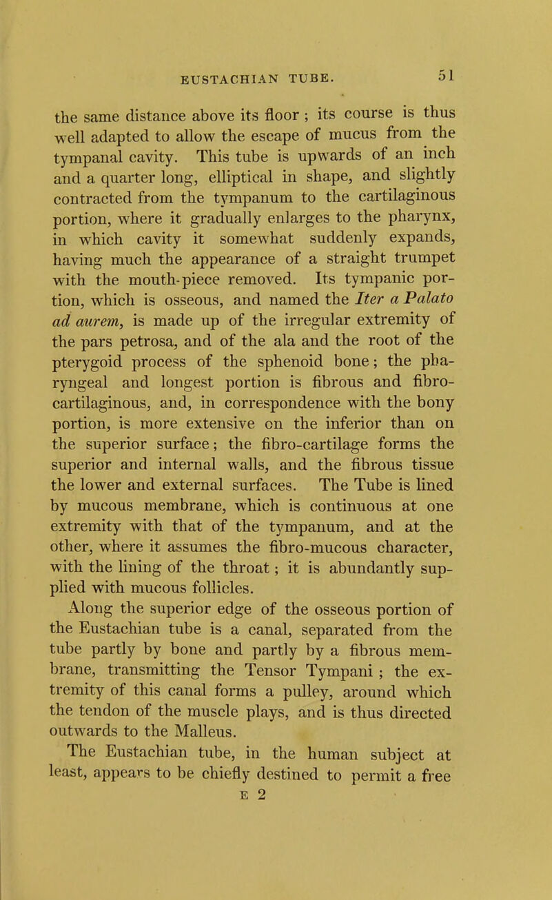 EUSTACHIAN TUBE. the same distance above its floor ; its course is thus well adapted to allow the escape of mucus from the tympanal cavity. This tube is upwards of an inch and a quarter long, elliptical in shape, and slightly contracted from the tympanum to the cartilaginous portion, where it gradually enlarges to the pharynx, in which cavity it somewhat suddenly expands, having much the appearance of a straight trumpet with the mouth-piece removed. Its tympanic por- tion, which is osseous, and named the Iter a Palato ad aurem, is made up of the irregular extremity of the pars petrosa, and of the ala and the root of the pterygoid process of the sphenoid bone; the pha- ryngeal and longest portion is fibrous and fibro- cartilaginous, and, in correspondence with the bony portion, is more extensive on the inferior than on the superior surface; the fibro-cartilage forms the superior and internal walls, and the fibrous tissue the lower and external surfaces. The Tube is lined by mucous membrane, which is continuous at one extremity with that of the tympanum, and at the other, where it assumes the fibro-mucous character, with the lining of the throat; it is abundantly sup- plied with mucous follicles. Along the superior edge of the osseous portion of the Eustachian tube is a canal, separated from the tube partly by bone and partly by a fibrous mem- brane, transmitting the Tensor Tympani ; the ex- tremity of this canal forms a pulley, around which the tendon of the muscle plays, and is thus directed outwards to the Malleus. The Eustachian tube, in the human subject at least, appears to be chiefly destined to permit a free E 2