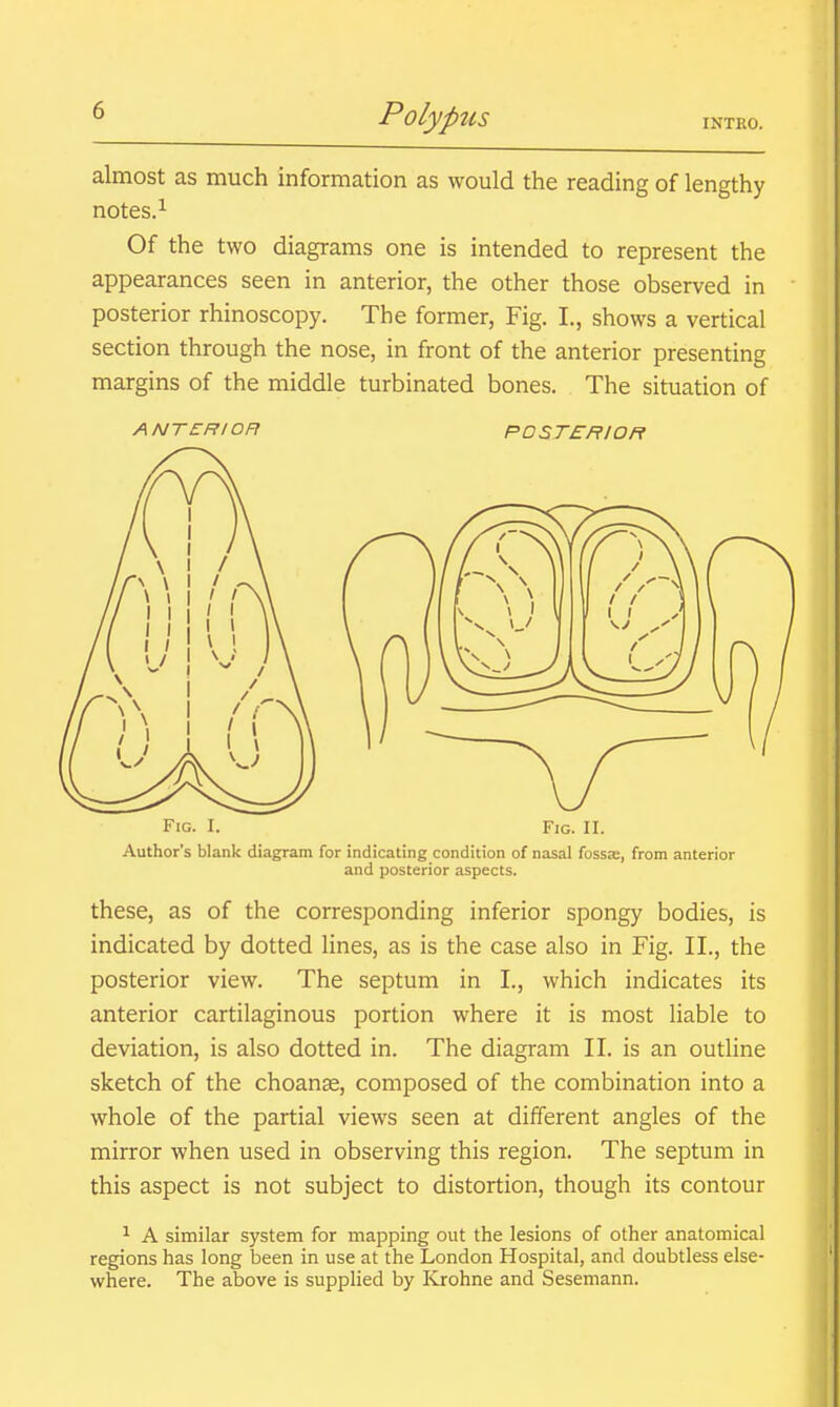 almost as much information as would the reading of lengthy notes.^ Of the two diagrams one is intended to represent the appearances seen in anterior, the other those observed in posterior rhinoscopy. The former, Fig. I., shows a vertical section through the nose, in front of the anterior presenting margins of the middle turbinated bones. The situation of ANTERIOR POSTERIOFi Fig. I. Fig. II. Author's blank diagram for indicating condition of nasal fossse, from anterior and posterior aspects. these, as of the corresponding inferior spongy bodies, is indicated by dotted lines, as is the case also in Fig. II., the posterior view. The septum in I., which indicates its anterior cartilaginous portion where it is most liable to deviation, is also dotted in. The diagram II. is an outline sketch of the choanse, composed of the combination into a whole of the partial views seen at different angles of the mirror when used in observing this region. The septum in this aspect is not subject to distortion, though its contour ^ A similar system for mapping out the lesions of other anatomical regions has long been in use at the London Hospital, and doubtless else- where. The above is supplied by ICrohne and Sesemann.