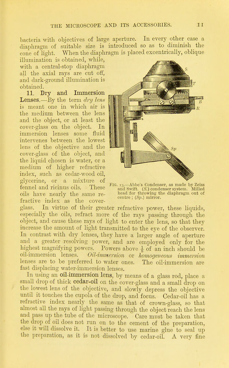 bacteria -with objectives of large aperture. In every other case a diaphragm of suitable size is introduced so as to diminish the cone of light. When the diaphragm is placed excentrically, oblique illumination is obtained, while, with a central-stop diaphragm all the axial rays are cut off, and dark-ground illumination is obtained. 11. Dry and Immersion Lenses.—By the term dry lenn is meant one in which air is the medium between the lens and the object, or at least the cover-glass on the object. In immersion lenses some fluid intervenes between the lowest lens of the objective and the cover-glass of the object, and the liquid chosen is water, or a medium of higher refractive index, such as cedar-wood oil, glycerine, or a mixture of fennel and riciniis oils. These oils have nearly the same re- fractive index as the cover- FiG. 13.—Abbe's Condenser, as made by Zeiss and Swift. (S.) condenser system. Slilled Iiead for throwing tlie diaphragm out of centre ; (Sp.) mirror. glass. In virtue of their gi-eater refractive power, these liquids, especially the oils, refract more of the rays passing through the object, and cause these rays of light to enter the lens, so that they increase the amount of light transmitted to the eye of the observer. In contrast with dry lenses, they have a larger angle of aperture and a greater resolving power, and are employed only for the highest magnifying powers. Powers above 1 of an inch should be oil-immersion lenses. Oil-immersion or homogeneous immersion lenses are to be preferred to water ones. The oil-immersion are fast displacing water-immersion lenses. In using an oil-immersion lens, by means of a glass rod, place a small drop of thick cedar-oil on the cover-glass and a small drop on the lowest lens of the objective, and slowly depress the objective until it touches the cupola of the drop, and focus. Cedar-oil has a refractive index nearly the same as that of crown-glass, so that ahnost all the rays of light passing through the object reach the lens and pass up the tube of the microscope. Care must be taken that the drop of oil does not run on to the cement of the preparation, else it will dissolve it. It is better to use marine glue to seal up the preparation, as it is not dissolved by cedar-oil. A very fine
