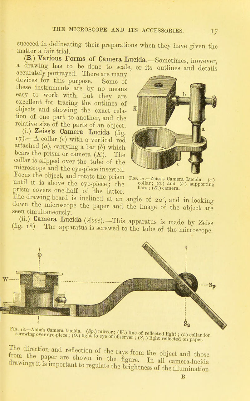 succeed in delineating their preparations when they have o-iven the matter a fair trial. ° (B.) Various Forms of Camera Lucida.—Sometimes, however, a drawmg has to be done to scale, or its outlines and details accurately portrayed. There are many devices for this purpose. Some of these instruments are by no means easy to work with, but they are excellent for tracing the outhnes of objects and showing the exact rela- tion of one part to another, and the relative size of the parts of an object, (i.) Zeiss's Camera Lucida (fig. 17)-—A collar (c) with a vertical rod attached (a), carrying a bar (b) which bears the prism or camera (K). The collar is slipped over the tube of the microscope and the eye-piece inserted. Focus the object, and rotate the prism until it is above the eye-piece; the prism covers one-half of the latter. The drawing-board is inclined at an angle of 20°, and in looking down the microscope the paper and the image of the object are seen simultaneously. ^^^•^sf^'^f^ ^''''^^ (^&Z'e).-This apparatus is made by Zeiss {ng. iH). ihe apparatus is screwed to the tube of the microscope. Fig. 17.—Zeiss's Camera Lucida. (c.) collar; (a.) and (6.) supporting bars ; (K.) camera. d-awings it is i.p„,.»„t to reg„I„te tLfer^MneS^f LlZSot B