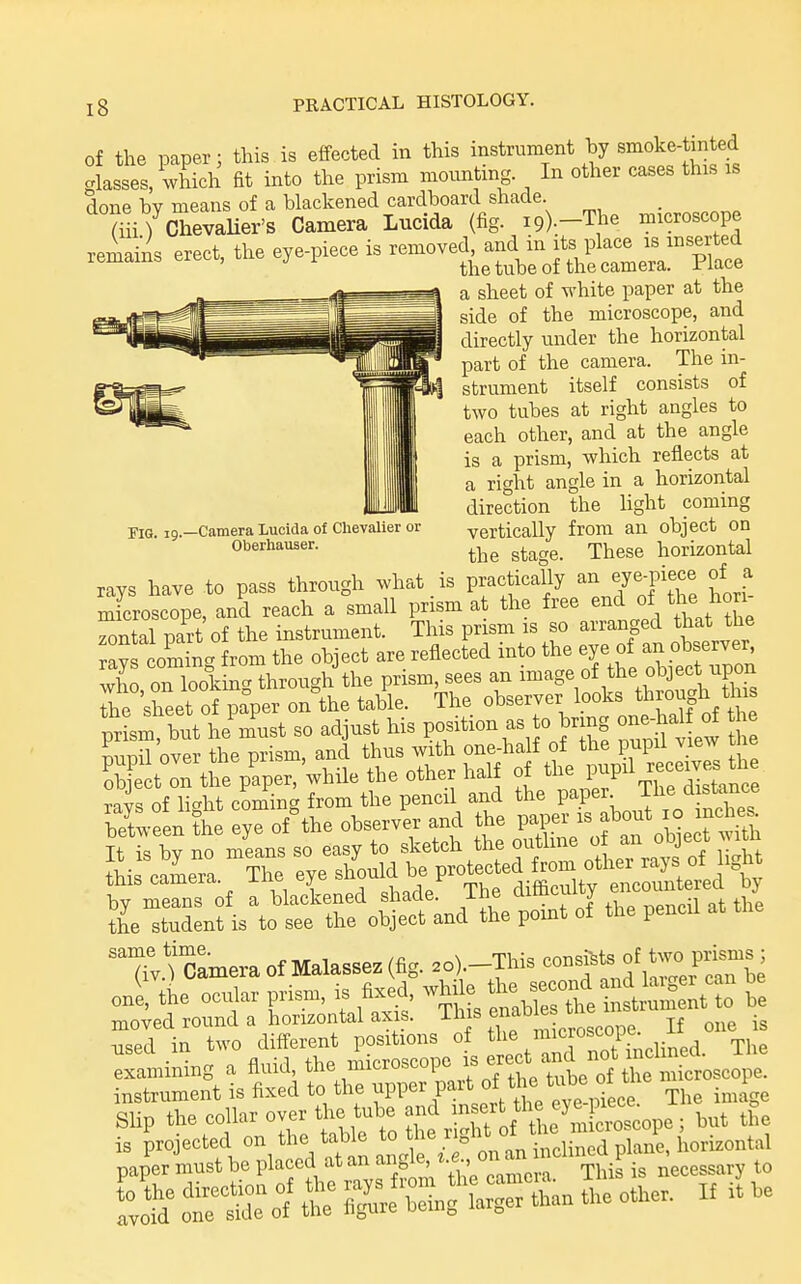 Pig. 19.—Camera Lucida of Chevalier or Oberhauser. of the paper; this is effected in this instniment by smoke-tinted glasses, which at into tlie prism mounting In other cases this is ''^SSZii TaSf ru«r'9).-The roieroscope reiii erect, the eye-pieee is --ed, an^^^ a sheet of white paper at the side of the microscope, and directly under the horizontal part of the camera. The in- strument itself consists of two tubes at right angles to each other, and at the angle is a prism, which reflects at a right angle in a horizontal direction the light coming vertically from an object on the stage. These horizontal rays have to pass through what is practically an eye-piece of a microscope, and reach a small prism at the free end of the hon zontal Dart of the instrument. This prism is so arranged that the r ; co'mtg the object are reflected into the eye of an obse e who on looking through the prism, sees an image of the object upon The sheet of paper on the table. The observer looks througli this ^rism bu\ he'^^^^^ so adjust his P-ition as to W one-half 0^ th miDil over the prism, and thus with one-half of the pupU view t ie ^b^ t oTthep'aper,'while the other half of the -^^^ ^^^^^ ravs of lic^ht coming from the pencil and the paper The distance bTween ?h! e^Tof^he observer and the V^^^f^^^^. Tt bv no means so easy to sketch the outline ot an oojeci ^\itu e°ye shLld he P-^r^V^X'^ ^^^^^^^ by means of a blackened shade. The difflc dty J the stndent is to see the object and the point of the pencil rv. Camera of Malassez (fig. .o).-This -f ^ f,!;-f^^^^ oni, the ocidar prism, is fixed, wh, e ^^^^ t moved round a horizontal axis. ^h'S enables tne i used in two different positions of Ti,. ^Smining a fluid, the microscope ^p^^'^^-':^^tZ LJ^: instrument is fixed to the W^'^''^^^^ The imlge sup fte»]>°''^,f^nL\|r f L'—the ^ap^mS^-a',^^^^^^^