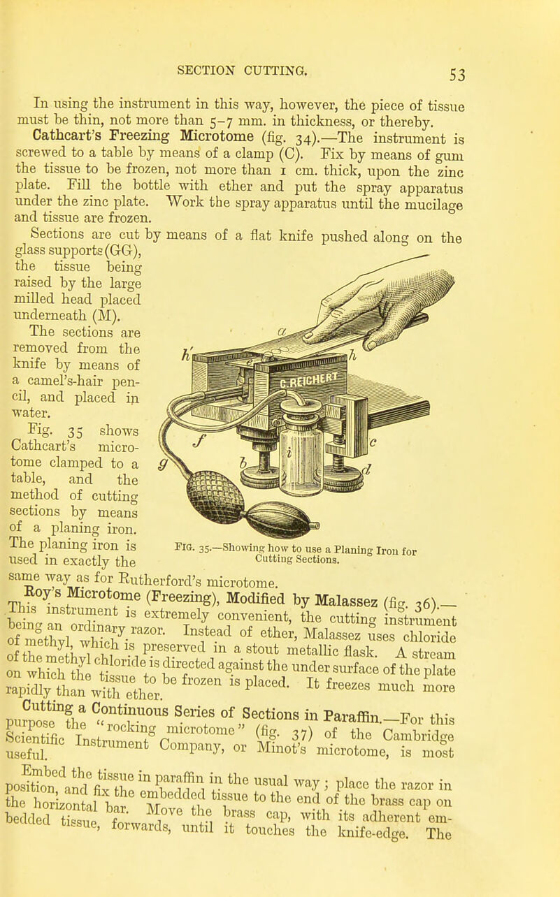 S3 In using the instrument in this way, however, the piece of tissue must be thin, not more than 5-7 mm. in thickness, or thereby. Cathcart's Freezing Microtome (fig. 34).—The instrument is screwed to a table by means of a clamp (C). Fix by means of gum the tissue to be frozen, not more than i cm. thick, upon the zinc plate. Fill the bottle with ether and put the spray apparatus under the zinc plate. Work the spray apparatus imtil the mucilage and tissue are frozen. Sections are cut by means of a flat knife pushed along on the glass supports (GG), the tissue being raised by the large milled head placed underneath (M). The sections are removed from the knife by means of a camel's-hair pen- cil, and placed iii water, -^ig- 35 shows Cathcart's micro- tome clamped to a table, and the method of cutting sections by means of a planing iron. The planing iron is used in exactly the same way as for Rutherford's microtome. Eoys Microtome (Freezing), Modified by Malassez (fie ,6) _ Sni r 7'* '^''^'^y convenient, the cutting n^trument on S the t^ V'^T*''^ 'S'^^f under surface of the plate rapSi^thJn^^^^^^^^^ ''''''' P^'^^^^' --h Lre pu?p''os?'fhp 1^°^ Series of Sections in Paraffin._For this STfic InstZ f^p'''^'^^'^' ^^^S- 37) of the Cambridge useful -^^^t^^^^^^^t Company, or Minot's microtome, is most pos^tTon'^^and fix Z1 T^^i ^^^ ''^^ ' P'^^ -^^^ in the horLontl Z f ^^'^ ^'^'^ on bedden^le ^ 'A '''^P' ^^s adherent em- ea lusue, forwards, until it touches the knife-edge. The Fig. 35.—Shelving how to use a Planing Iron for Cutting Sections.