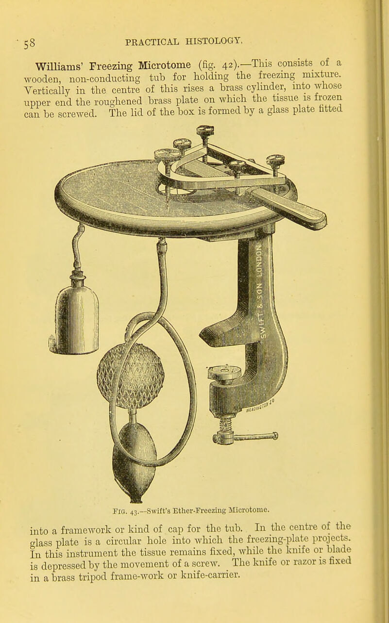 Williams' Freezing Microtome (fig. 42).—This consists of a wooden, non-conducting tub for holding the freezing mixture. Vertically in the centre of this rises a brass cylinder, into whose upper end the roughened brass plate on which the tissue is frozen can be screwed. The lid of the box is formed by a glass plate fatted Fig. 43.—Swift's Ether-Freezing Microtome. into a framework or kind of cap for the tub. In the centre of the glass plate is a circular hole into Avhich the freezing-plate projects. In this instrument the tissue remains fixed, while the knife or blade is depressed by the movement of a screw. _ The knife or razor is fixed in a brass tripod frame-work or knife-carrier.