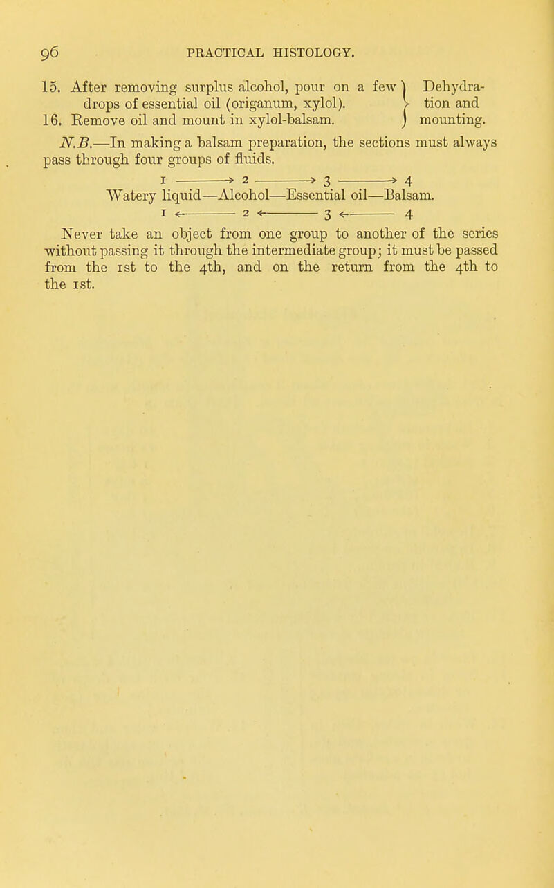 15. After removing surplus alcohol, pour on a few \ Dehydra- drops of essential oil (origanum, xylol). V tion and 16. Remove oil and mount in xylol-balsam. j mounting. N.B.—In making a balsam preparation, the sections must always pass through four groups of fluids. I > 2 > 3 > 4 Watery liquid—Alcohol—Essential oil—Balsam I < 2 < 3 < 4 Never take an object from one group to another of the series without passing it through the intermediate group; it must be passed from the ist to the 4th, and on the return from the 4th to the ist.