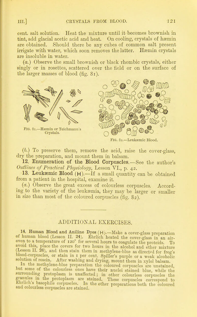 cent, salt solution. Heat the mixture until it becomes brownish in tint, add glacial acetic acid and heat. On cooling, crystals of hsemin are obtained. Should there be any cubes of common salt present irrigate with water, which soon removes the latter. Haemin crystals are insoluble in water. (a.) Observe the small brownish or black rhombic crystals, either singly or in rosettes, scattered over the field or on the surface of the larger masses of blood (fig. 8i). Fig. 82.—Leukremic Blood. (6.) To preserve them, remove the acid, raise the cover-glass, dry the preparation, and mount them in balsam. 12. Eniimeration of the Blood Corpuscles.—See the author's Outlines of Practical Physiology, Lesson VI., p. 42. 13. Leuksemic Blood (H).—If a small quantity can be obtained from a patient in the hospital, examine it. {a.) Observe the great excess of colourless corpuscles. Accord- ing to the variety of the leuksemia, they may be larger or smaller in size than most of the coloured corpuscles (fig. 82). ADDITIONAL EXERCISES. 14. Human Blood and AnUine Dyes (H;.—Make a cover-glass preparation of human blood (Lesson IL 24). Ehrlich heated the cover-glass in an air- oven to a temperature of 120° for several hours to coagulate the proteids. To avoid this, place the covers for two hours in the alcohol and ether mixture (Lesson IL 26), and then stain them in methylene-blue as directod for frof^'s blood-corpuscles, or stain in i per cent. Spiller's purple or a weak alcoholic solution of rosein. After washing and drying, mount them in xylol balsam. In the methylone-blue preparation the coloured corpuscles are unstained, but some of the colourless ones have their nuclei stained blue, while the surrounding protoplasm is unaffected; in other colourless corpuscles the granules in the protoplasm are stained. These corpuscles correspond to JLhrhch s basophile corj)Uscles. In the other preparations both the coloured ana colourless corpuscles are stained.