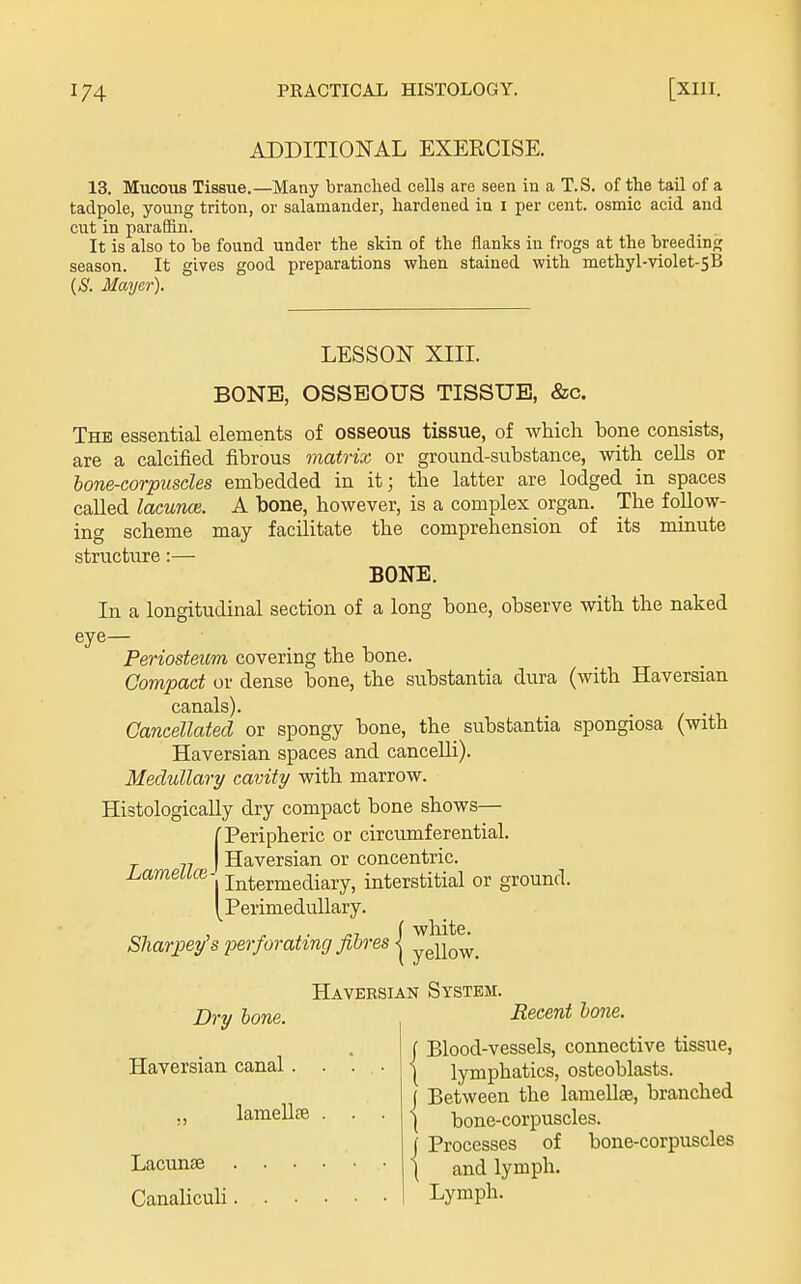 ADDITIONAL EXERCISE. 13. Mucous Tissue.—Many branched cells are seen in a T.S. of the tail of a tadpole, young triton, or salamander, hardened in i per cent, osmic acid and cut in paraffin. It is also to be found under the skin of the flanks in frogs at the breeding season. It gives good preparations when stained with methyl-violet-5B {S. Mayer). LESSON XIII. BONE, OSSEOUS TISSUE, &c. The essential elements of osseous tissue, of which bone consists, are a calcified fibrous matrix or ground-substance, with cells or hone-corpuscles embedded in it; the latter are lodged in spaces called lacuna}. A bone, however, is a complex organ. The follow- ing scheme may facilitate the comprehension of its minute structure:— BONE. In a longitudinal section of a long bone, observe with the naked eye— Periosteim covering the bone. Compact or dense bone, the substantia dura (with Haversian canals). Cancellated or spongy bone, the substantia spongiosa (with Haversian spaces and canceUi). Medullary cavity with marrow. Histologically dry compact bone shows— C Peripheric or circumferential. ■J- jj I Haversian or concentric. Lamella}-' intermediary, interstitial or ground. [PerimeduUary. Sharpey's perforating fibres | yg^fg^^ Haversian System. Dry bone. Recent hone. Haversian canal. lamellse Lacunse CanalicuU j Blood-vessels, connective tissue, 1 lymphatics, osteoblasts, j Between the lamellae, branched \ bone-corpuscles. ( Processes of bone-corpuscles ( and lymph. Lymph.