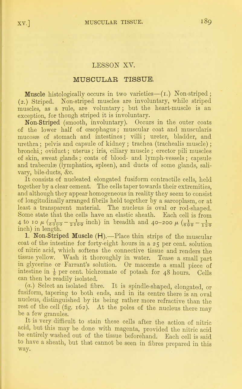 LESSON XV. MUSCULAR TISSUE. Muscle histologically occurs in two varieties—(i.) Non-striped; (2.) Striped. Non-striped muscles are involuntary, while striped muscles, as a rule, are voluntary; but the heart-muscle is an exception, for though striped it is involuntary. Non-Striped (smooth, involuntary). Occurs in the outer coats of the lower half of oesophagus; muscular coat and muscularis mucossB of stomach and intestines; villi; ureter, bladder, and urethra; pelvis and capsule of kidney ; trachea (trachealis muscle); bronchi.; oviduct; uterus ; iris, ciliary muscle; erector pili muscles of skin, sweat glands; coats of blood- and lymph-vessels; capsule and trabeculse (lymphatics, spleen), and ducts of some glands, sali- vary, bile-ducts, &c. It consists of nucleated elongated fusiform contractile cells, held together by a clear cement. The cells taper towards their extremities, and although they appear homogeneous in reality they seem to consist of longitudinally arranged fibrils held together by a sarcoplasm, or at least a transparent material. The nucleus is oval or rod-shaped. Some state that the cells have an elastic sheath. Each cell is from 4 to JO /X (^^-^^ inch) in breadth and 40-200 (^-.^^ inch) in length. 1. Non-Striped Muscle (H).—Place thin strips of the muscular coat of the intestine for forty-eight hours in a 25 per cent, solution of nitric acid, which softens the connective tissue and renders the tissue yellow. Wash it thorouglily in water. Tease a small part in glycerine or Farrant's solution. Or macerate a small piece of intestine in ^ per cent, bichromate of potash for 48 hours. Cells can then be readily isolated. (a.) Select an isolated fibre. It is spindle-shaped, elongated, or fusiform, tapering to both ends, and in its centre there is an oval nucleus, distinguished by its being rather more refractive than the rest of the cell (fig. 162). At the poles of the nucleus there may be a few granules. It is very difficult to stain these cells after the action of nitric acid, but this may be done with magenta, provided the nitric acid be entirely washed out of the tissue beforehand. Each cell is said to have a sheath, but that cannot be seen in fibres prepared in this way.