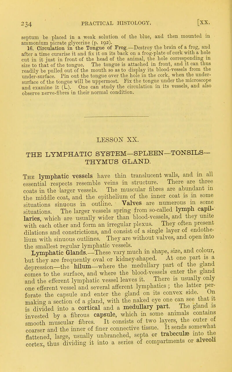 septum be placed in a weak solution of the blue, and then mounted in ammonium picrate glycerine (p. 192). 16. Circulation in the Tongue of Frog.—Destroy the brain of a frog, and after a time curarise it and fix it on its back on a fro^-plate of cork with a hole cut in it just in front of the head of the animal, the hole corresponding in size to that of the tongue. The tongue is attached in front, and it can thus readily be pulled out of the mouth so as to display its blood-vessels from the under-surface. Pin out the tongue over the hole in the cork, when the under- surface of the tongue will be uppermost. Fix the tongue under the microscope and examine it (L). One can study the circulation in its vessels, and also observe nerve-fibres in their normal condition. LESSON XX. THE LYMPHATIC SYSTEM—SPLEEN—TONSILS— THYMUS GLAND. The lymphatic vessels have thin translucent walls, and in all essential respects resemble veins in structure. There are three coats in the larger vessels. The muscular fibres are abundant m the middle coat, and the epithelium of the inner coat is m some situations sinuous in outline. Valves are numerous in some situations. The larger vessels spring from so-caUed lymph capil- laries, which are usually wider than blood-vessels, and they unite with each other and form an irregular plexus. They often present dilations and constrictions, and consist of a single layer of endothe- lium with sinuous outlines. They are without valves, and open into the smallest regular lymphatic vessels. Lymphatic Glands.—These vary much in shape, size, and colour, but they are frequently oval or kidney-shaped. At one part is a depression—the hUum—where the medullary part of the gland comes to the surface, and where the blood-vessels enter the gland and the efferent lymphatic vessel leaves it. There is usually only one efferent vessel and several afferent lymphatics ; the latter per- forate the capsule and enter the gland on its convex side. On making a section of a gland, with the naked eye one can see that it is divided into a cortical and a meduUary part. The gland is invested by a fibrous capsule, which in some animals contains smooth muscular fibres. It consists of two layers, the outer ot coarser and the inner of finer connective tissue. It sends somewhat flattened, large, usually unbranched, septa or trabecule into the cortex, thus dividing it into a series of compartments or alveoli