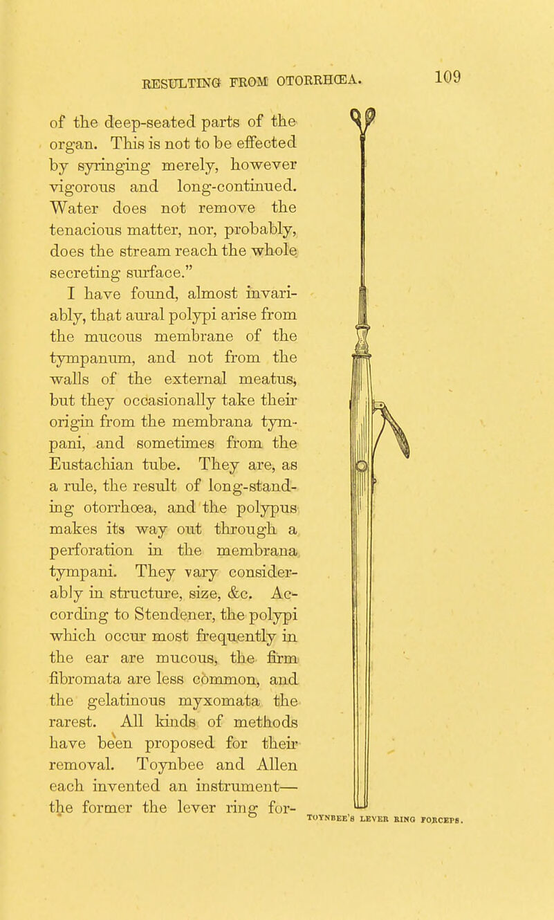 of the deep-seated parts of the ' organ. This is not to be effected by syringing merely, however vigorous and long-continued. Water does not remove the tenacious matter, nor, probably, does the stream reach the whole secreting surface. I have found, almost invari- ably, that aural polypi arise from the mucous membrane of the tympanum, and not from the ] walls of the external meatus* but they occasionally take their | origin from the membrana tym- pani, and sometimes from the Eustachian tube. They are, as a rule, the result of long-stand- ing otorrhoea, and the polypus makes its way out through a perforation in the membrana tympani. They vary consider- ably in structure, size, &c. Ac- cording to Stendener, the polypi which occur most frequently in the ear are mucous, the firm fibromata are less common, and the gelatinous myxomata the rarest. All kinds of methods have been proposed for then- removal. Toynbee and Allen each invented an instrument— the former the lever ring: for- ° TOYNBEE'8