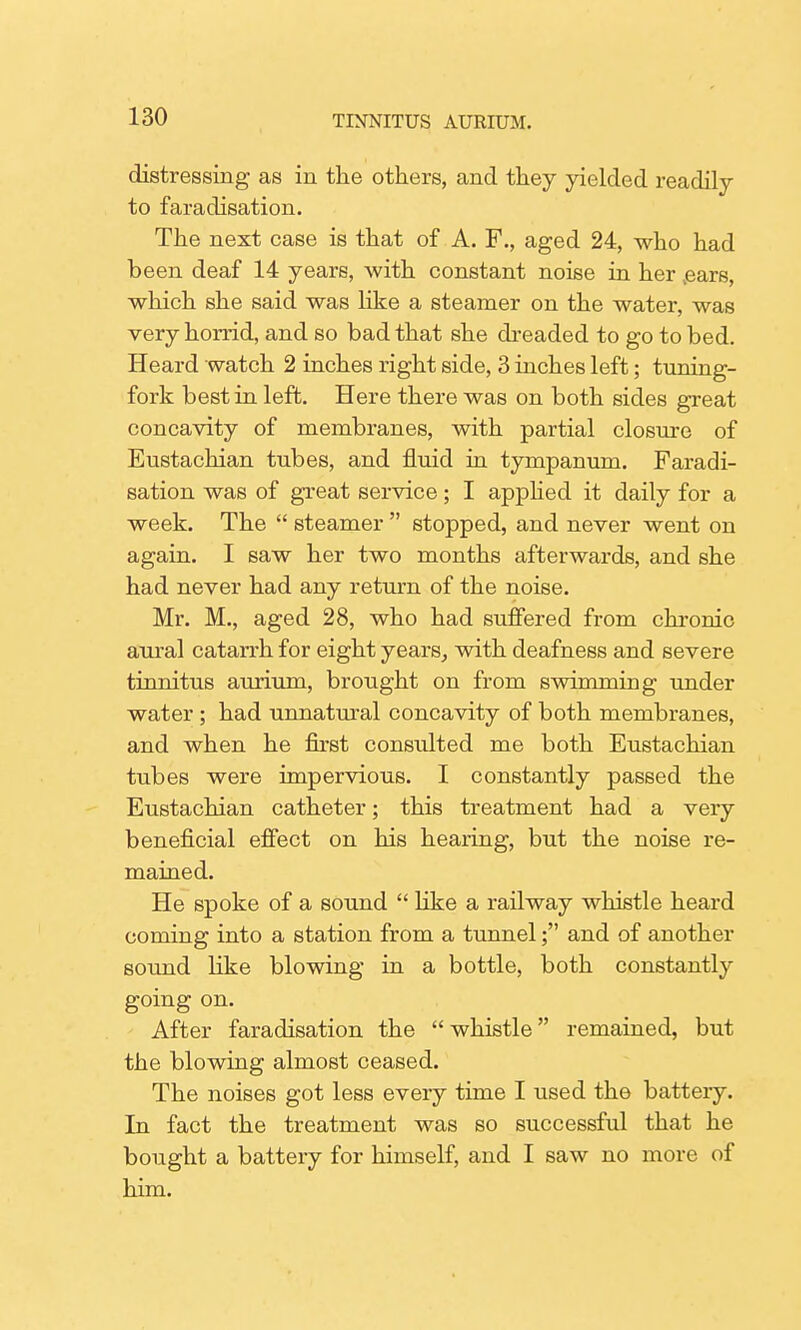 distressing as in the others, and they yielded readily to faradisation. The next case is that of A. F., aged 24, who had been deaf 14 years, with constant noise in her .ears, which she said was like a steamer on the water, was very horrid, and so bad that she dreaded to go to bed. Heard watch 2 inches right side, 3 inches left; tuning- fork best in left. Here there was on both sides great concavity of membranes, with partial closure of Eustachian tubes, and fluid in tympanum. Faradi- sation was of great service; I applied it daily for a week. The  steamer  stopped, and never went on again. I saw her two months afterwards, and she had never had any return of the noise. Mr. M., aged 28, who had suffered from chronic aural catarrh for eight years, with deafness and severe tinnitus aurium, brought on from swimming under water; had unnatural concavity of both membranes, and when he first consulted me both Eustachian tubes were impervious. I constantly passed the Eustachian catheter; this treatment had a very beneficial effect on his hearing, but the noise re- mained. He spoke of a sound  like a railway whistle heard coming into a station from a tunnel; and of another sound like blowing in a bottle, both constantly going on. After faradisation the  whistle remained, but the blowing almost ceased. The noises got less every time I used the batteiy. In fact the treatment was so successful that he bought a battery for himself, and I saw no more of him.