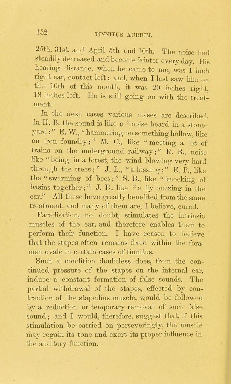 TINNITUS AURIUM. 25th, 31st, and April 5th and 10th. The noise hud steadily decreased and become fainter every day. His hearing distance, when he came to me, was 1 inch right ear, contact left; and, when I last saw him on the 10th of this month, it was 20 inches right, 18 inches left. He is still going on with the treai> ment. In the next cases various noises are described. In H. B. the sound is like a  noise heard in a stone- yard ;  E. W.,  hammering on something hollow, like an iron foundry; M. C, like meeting a lot of trains on the underground railway; R. B., noise like  being in a forest, the wind blowing very hard through the trees ;  J. L.,  a hissing; E. P., like the  swarming of bees;  S. B., like  knocking of basins together;  J. B., like  a fly buzzing in the ear. All these have greatly benefited from the same treatment, and many of them are, I believe, cured. Faradisation, no doubt, stimulates the intrinsic muscles of the, ear, and therefore enables them to perform their function. I have reason to believe that the stapes often remains fixed within the fora- men ovale in certain cases of tinnitus. Such a condition doubtless does, from the con- tinued pressure of the stapes on the internal ear, induce a constant formation of false sounds. The partial withdrawal of the stapes, effected by con- traction of the stapedius muscle, would be followed by a reduction or temporary removal of such false sound; and I would, therefore, suggest that, if this stimulation be carried on perseveringly, the muscle may regain its tone and exert its proper influence in the auditory function.