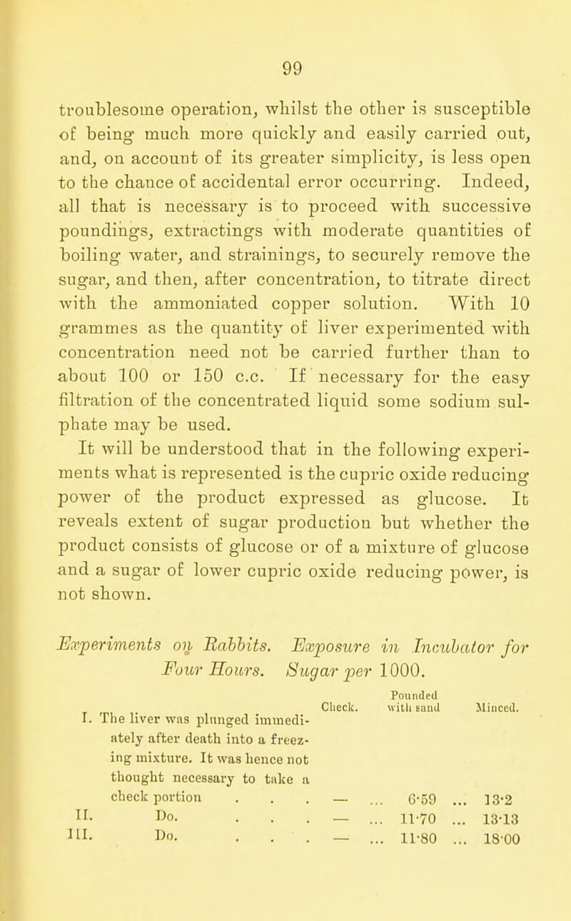 troublesome operation, whilst the other is susceptible of being much more quickly and easily carried out, and, on account of its greater simplicity, is less open to the chance of accidental error occurring. Indeed, all that is necessary is to proceed with successive poundings, extractings with moderate quantities of boiling water, and strainings, to securely remove the sugar, and then, after concentration, to titrate direct with the ammoniated copper solution. With 10 grammes as the quantity of liver expei'imented with concentration need not be carried further than to about 100 or 150 c.c. If necessary for the easy filtration of the concentrated liquid some sodium sul- phate may be used. It will be understood that in the following experi- ments what is represented is the cupric oxide reducing power of the product expressed as glucose. It reveals extent of sugar production but whether the product consists of glucose or of a mixture of glucose and a sugar of lower cupric oxide reducing power, is not shown. Experiments on Rabbits. Exposure in Incubator for Four Hours. Sugar per 1000. Pounded Check. with sand Minced. L The liver was plunged immedi- ately after death into a freez- ing mixture. It was hence not thought necessary to take a check portion . . . _ ... G* 59 ... 13-2 lr- D°- ... — ... 11-70 ... 13-13 m- Do. . ii-so ... 18-00