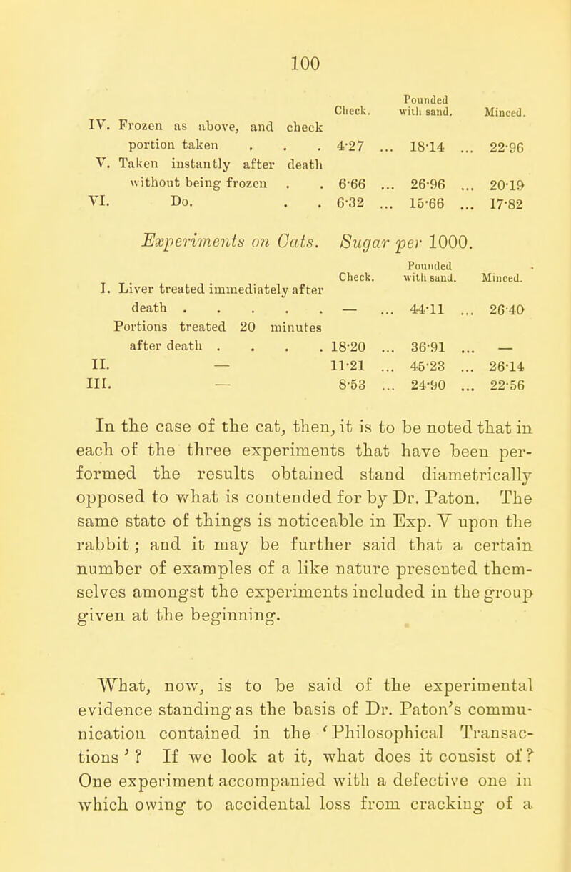 Pounded Check. with sand. Minced. IV. Frozen as above, and check portion taken . . . 4-27 ... 18-14 ... 22-96 V. Taken instantly after death without being frozen . . 6-66 ... 26-96 ... 20-19 VI. Do. . . 6-32 ... 15-66 ... 17-82 Experiments on Gats. Sugar per 1000. Pounded Check. with sand. Minced. I. Liver treated immediately after death — ... 44-11 ... 2640 Portions treated 20 minutes after death .... 18*20 ... 36-91 ... — II. 11-21 ... 45-23 ... 26-14 III. 8-53 ... 24-90 ... 22-56 In the case of the cat, then, it is to be noted that in each of the three experiments that have been per- formed the results obtained stand diametrically opposed to what is contended for by Dr. Paton. The same state of things is noticeable in Exp. V upon the rabbit; and it may be further said that a certain number of examples of a like nature presented them- selves amongst the experiments included in the group given at the beginning. What, now, is to be said of the experimental evidence standing as the basis of Dr. Paton's commu- nication contained in the ' Philosophical Transac- tions ' ? If we look at it, what does it consist of ? One experiment accompanied with a defective one in which owing to accidental loss from cracking of a