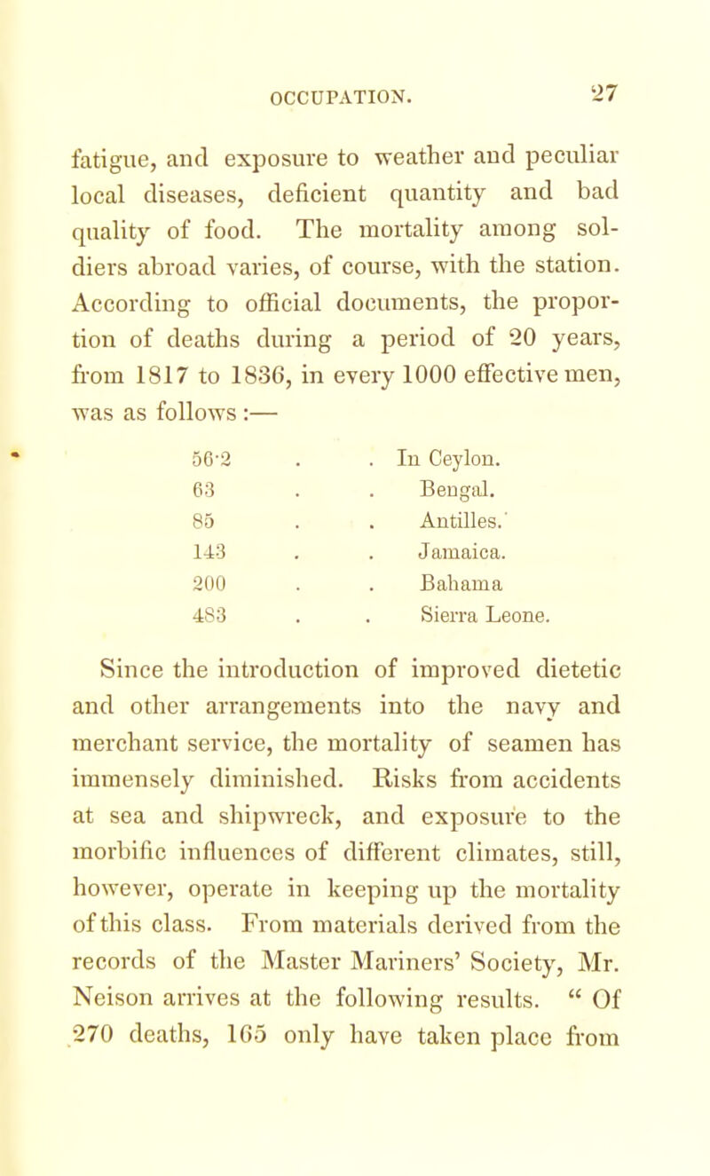 fatigue, and exposure to weather and peculiar local diseases, deficient quantity and bad quality of food. The mortality among sol- diers abroad varies, of course, -with the station. According to official documents, the propor- tion of deaths during a period of 20 years, from 1817 to 1836, in every 1000 effective men, was as follows :— Since the introduction of improved dietetic and other arrangements into the navy and merchant service, the mortality of seamen has immensely diminished. Risks from accidents at sea and shipwreck, and exposure to the morbific influences of different climates, still, however, operate in keeping up the mortality of this class. From materials derived from the records of the Master Mariners' Society, Mr. Neison arrives at the following results.  Of 270 deaths, 105 only have taken place from 56-2 63 85 143 In Ceylon. 200 Bengal. Antilles.' Jamaica. Bahama 4S3 Sierra Leone.