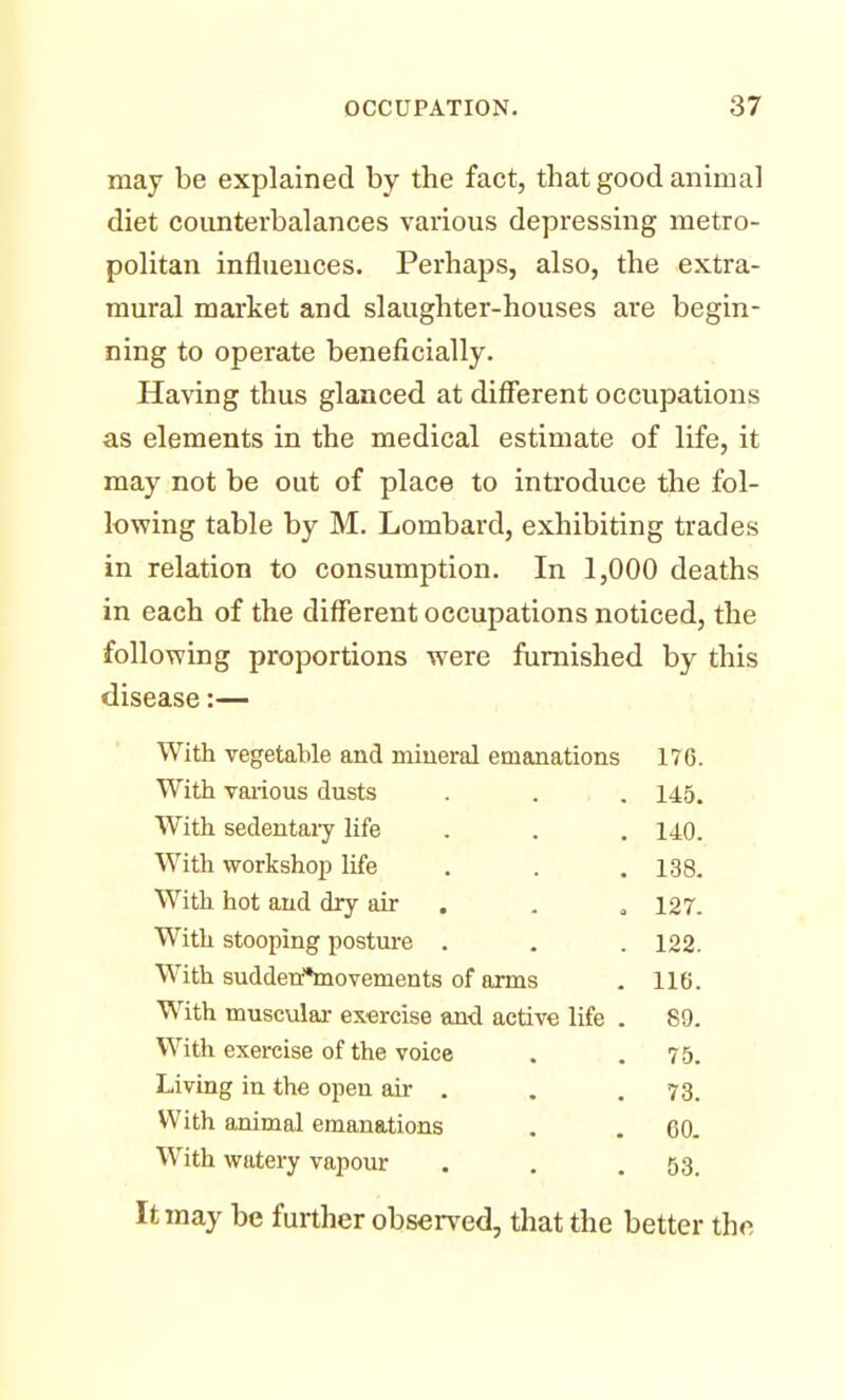 may be explained by the fact, that good animal diet counterbalances various depressing metro- politan influences. Perhaps, also, the extra- mural market and slaughter-houses are begin- ning to operate beneficially. Having thus glanced at different occupations as elements in the medical estimate of life, it may not be out of place to introduce the fol- io-wing table by M. Lombard, exhibiting trades in relation to consumption. In 1,000 deaths in each of the different occupations noticed, the following proportions were furnished by this disease:— With vegetable and mineral emanations 176. With various dusts 145. With sedentary life 140. With workshop life 138. With hot and dry air 127. With stooping posture . 122. With sudderi*movements of arms 116. With muscular exercise and active life . 89. With exercise of the voice 75. Living in the open ah- . 73. With animal emanations CO. With watery vapour 53. It may be further observed, that the better the