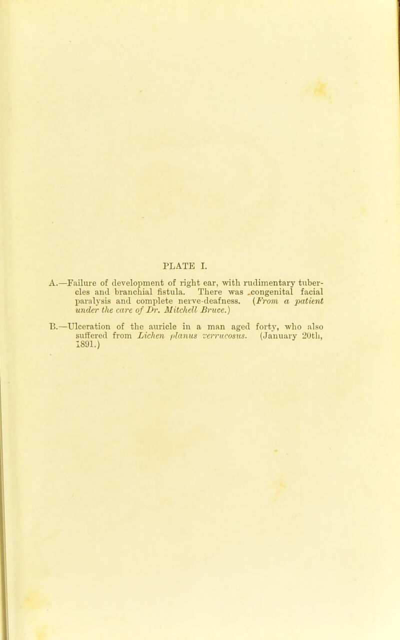 A. —Failure of development of right ear, with rudimentary tuber- cles and branchial fistula. There was .congenital facial paralysis and complete nerve-deafness. (From a patient under the care of Dr. Mitchell Bruce.) B. —Ulceration of the auricle in a man aged forty, who also suffered from Lichen planus verrucosus. (January 20th, 1891.)