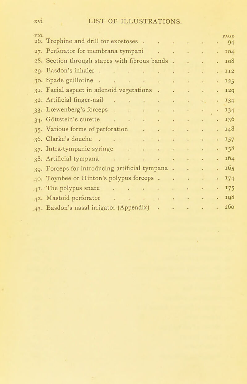 FIG. PAGE 26. Trephine and drill for exostoses 94 27. Perforator for membrana tympani 104 28. Section through stapes with fibrous bands .... 108 2g. Basdon's inhaler . . . . . . . . .112 30. Spade guillotine 125 31. Facial aspect in adenoid vegetations 129 32. Artificial finger-nail 134 33. Lcewenberg's forceps 134 34. Gottstein's curette ........ 136 35. Various forms of perforation 148 36. Clarke's douche . . 157 37. Intra-tympanic syringe ....... 158 38. Artificial tympana ........ 164 3g. Forceps for introducing artificial tympana .... 165 40. Toynbee or Hinton's polypus forceps 174 41. The polypus snare . . ' 175 42. Mastoid perforator 198 .43. Basdon's nasal irrigator (Appendix) 260