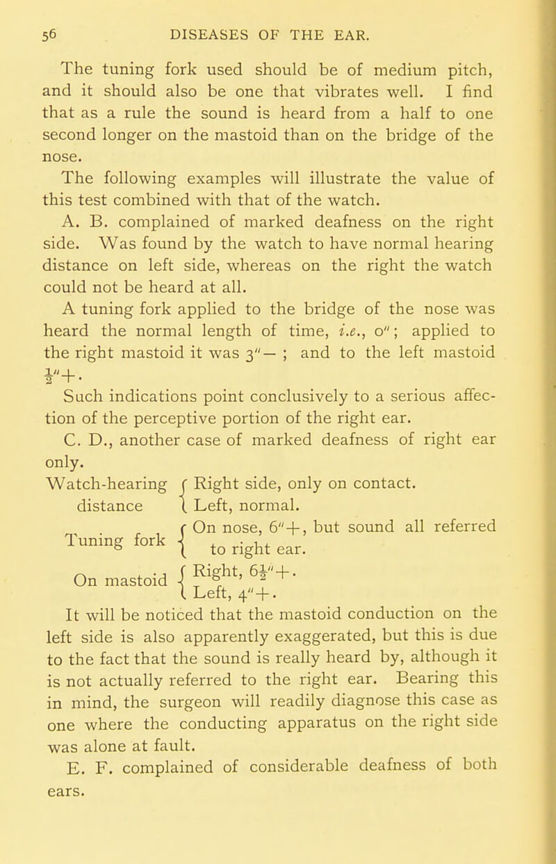 The tuning fork used should be of medium pitch, and it should also be one that vibrates well. I find that as a rule the sound is heard from a half to one second longer on the mastoid than on the bridge of the nose. The following examples will illustrate the value of this test combined with that of the watch. A. B. complained of marked deafness on the right side. Was found by the watch to have normal hearing distance on left side, whereas on the right the watch could not be heard at all. A tuning fork applied to the bridge of the nose was heard the normal length of time, i.e., o; applied to the right mastoid it was 3— ; and to the left mastoid ¥+■ Such indications point conclusively to a serious affec- tion of the perceptive portion of the right ear. CD., another case of marked deafness of right ear only. Watch-hearing ( Right side, only on contact. distance ( Left, normal. r On nose, 6-f, but sound all referred Tuning fork j tQ fight ear_ On mastoid \ ^ht' 6*+' 1 Left, 4 + . It will be noticed that the mastoid conduction on the left side is also apparently exaggerated, but this is due to the fact that the sound is really heard by, although it is not actually referred to the right ear. Bearing this in mind, the surgeon will readily diagnose this case as one where the conducting apparatus on the right side was alone at fault. E. F. complained of considerable deafness of both ears.