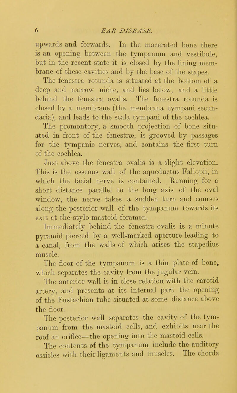 upwards and forwards. In the macerated bone there is an opening between the tympanum and vestibule, but in the recent state it is closed by the lining mem- brane of these cavities and by the base of the stapes. The fenestra rotunda is situated at the bottom of a deep and narrow niche, and lies below, and a little behind the fenestra ovalis. The fenestra rotunda is closed by a membrane (the membrana tympani secun- daria), and leads to the scala tympani of the cochlea. The promontory, a smooth projection of bone situ- ated in front of the fenestras, is grooved by passages for the tympanic nerves, and contains the first turn of the cochlea. Just above the fenestra ovalis is a slight elevation. This is the osseous wall of the aqueductus Fallopii, in which the facial nerve is contained. . Eunning for a short distance parallel to the long axis of the oval window, the nerve takes a sudden turn and courses along the posterior wall of the tympanum towards its exit at the stylo-mastoid foramen. Immediately behind the fenestra ovalis is a minute pyramid pierced by a well-marked aperture leading to a canal, from the walls of which arises the stapedius muscle. The floor of the tympanum is a thin plate of bone, which separates the cavity from the jugular vein. The anterior wall is in close relation with the carotid artery, and presents at its internal part the opening of the Eustachian tube situated at some distance above the floor. The posterior wall separates the cavity of the tym- panum from the mastoid cells, and exhibits near the roof an orifice—the opening into the mastoid cells. The contents of the tympanum include the auditory ossicles with their ligaments and muscles. The chorda