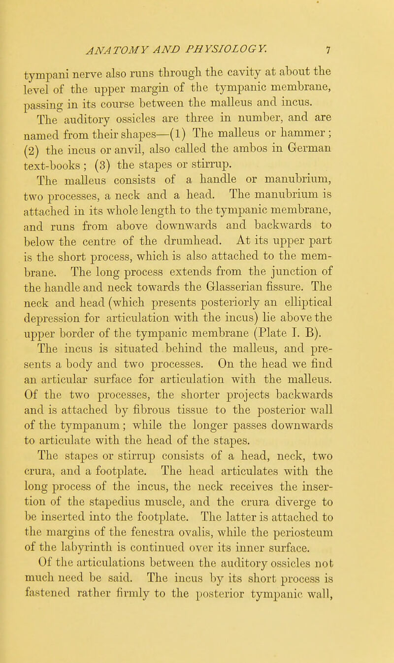 tympani nerve also runs through the cavity at about the level of the upper margin of the tympanic membrane, passing in its course between the malleus and incus. The auditory ossicles are three in number, and are named from their shapes—(l) The malleus or hammer ; (2) the incus or anvil, also called the ambos in German text-books ; (3) the stapes or stirrup. The malleus consists of a handle or manubrium, two processes, a neck and a head. The manubrium is attached in its whole length to the tympanic membrane, and runs from above downwards and backwards to below the centre of the drumhead. At its upper part is the short process, which is also attached to the mem- brane. The long process extends from the junction of the handle and neck towards the Glasserian fissure. The neck and head (which presents posteriorly an elliptical depression for articulation with the incus) lie above the upper border of the tympanic membrane (Plate I. B). The incus is situated behind the malleus, and pre- sents a body and two processes. On the head we find an articular surface for articulation with the malleus. Of the two processes, the shorter projects backwards and is attached by fibrous tissue to the posterior wall of the tympanum ; while the longer passes downwards to articulate with the head of the stapes. The stapes or stirrup consists of a head, neck, two crura, and a footplate. The head articulates with the long process of the incus, the neck receives the inser- tion of the stapedius muscle, and the crura diverge to be inserted into the footplate. The latter is attached to the margins of the fenestra ovalis, while the periosteum of the labyrinth is continued over its inner surface. Of the articulations between the auditory ossicles not much need be said. The incus by its short process is fastened rather firmly to the posterior tympanic wall,