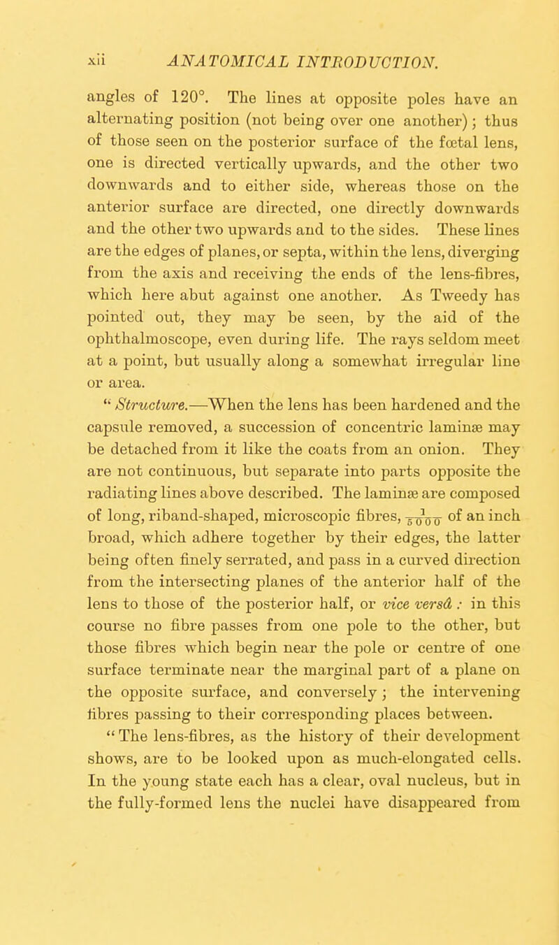 angles of 120°. The lines at opposite poles have an alternating position (not being over one another); thus of those seen on the posterior surface of the fcetal lens, one is directed vertically upwards, and the other two downwards and to either side, whereas those on the anterior surface are directed, one directly downwards and the other two upwards and to the sides. These lines are the edges of planes, or septa, within the lens, diverging from the axis and receiving the ends of the lens-fibres, which here abut against one another. As Tweedy has pointed out, they may be seen, by the aid of the ophthalmoscope, even during life. The rays seldom meet at a point, but usually along a somewhat irregular line or area. Structure.—When the lens has been hardened and the capsule removed, a succession of concentric laminae may be detached from it like the coats from an onion. They are not continuous, but separate into parts opposite the radiating lines above described. The laminae are composed of long, riband-shaped, microscopic fibres, of an inch broad, which adhere together by their edges, the latter being often finely serrated, and pass in a curved direction from the intersecting planes of the anterior half of the lens to those of the posterior half, or vice versd : in this course no fibre passes from one pole to the other, but those fibres which begin near the pole or centre of one surface terminate near the marginal part of a plane on the opposite surface, and conversely ; the intervening fibres passing to their corresponding places between.  The lens-fibres, as the history of their development shows, are to be looked upon as much-elongated cells. In the young state each has a clear, oval nucleus, but in the fully-formed lens the nuclei have disappeared from