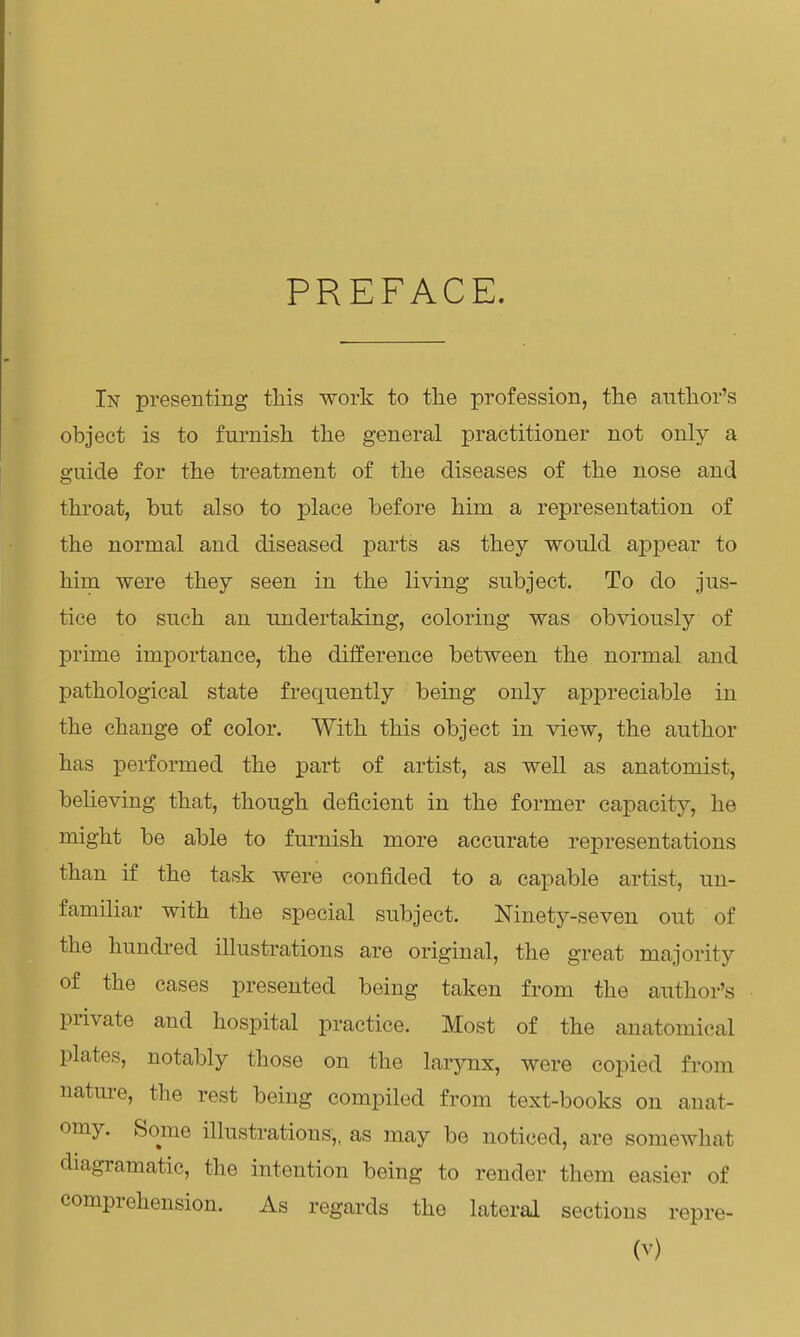 PREFACE. In presenting this work to the profession, the author's object is to furnish the general practitioner not only a guide for the treatment of the diseases of the nose and throat, but also to place before him a representation of the normal and diseased parts as they would appear to him were they seen in the living subject. To do jus- tice to such an undertaking, coloring was obviously of prime importance, the difference between the normal and pathological state frequently being only appreciable in the change of color. With this object in view, the author has performed the part of artist, as well as anatomist, believing that, though deficient in the former capacity, he might be able to furnish more accurate representations than if the task were confided to a capable artist, un- familiar with the special subject. Ninety-seven out of the hundred illustrations are original, the great majority of the cases presented being taken from the author's private and hospital practice. Most of the anatomical plates, notably those on the larynx, were copied from nature, the rest being compiled from text-books on anat- omy. Some illustrations,, as may be noticed, are somewhat diagramatic, the intention being to render them easier of comprehension. As regards the lateral sections repre-