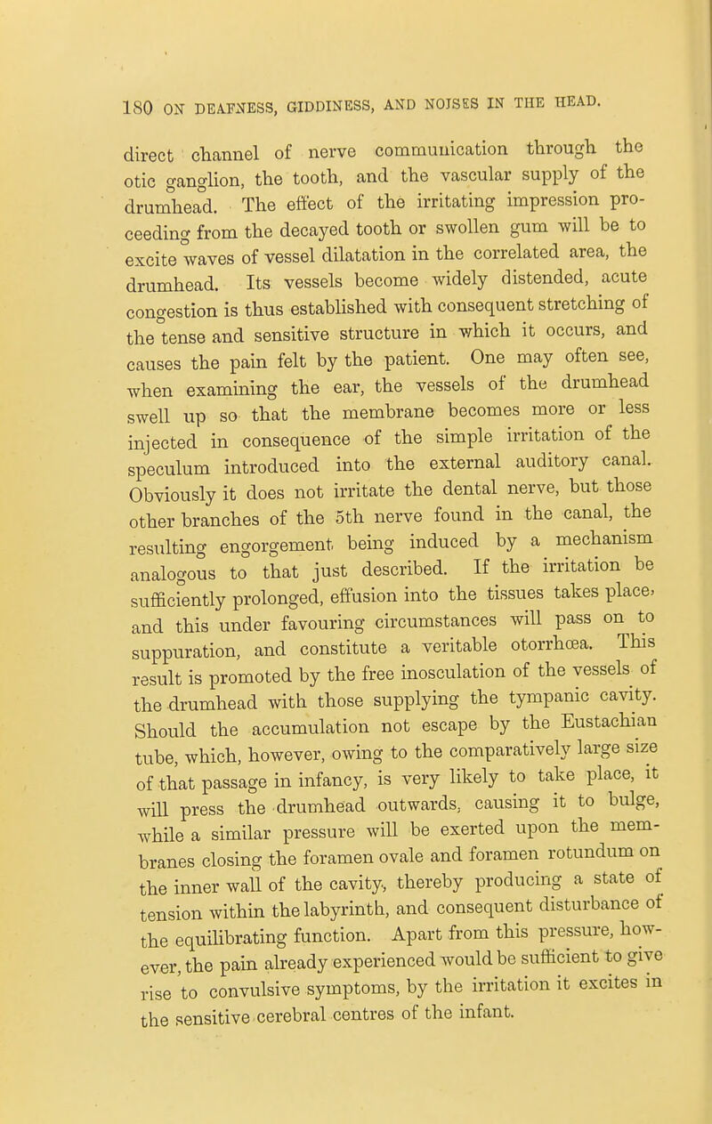 direct channel of nerve communication through the otic ganglion, the tooth, and the vascular supply of the drumhead. The effect of the irritating impression pro- ceeding from the decayed tooth or swollen gum will be to excite waves of vessel dilatation in the correlated area, the drumhead. Its vessels become widely distended, acute congestion is thus established with consequent stretching of the°tense and sensitive structure in which it occurs, and causes the pain felt by the patient. One may often see, when examining the ear, the vessels of the drumhead swell up so that the membrane becomes more or less injected in consequence of the simple irritation of the speculum introduced into the external auditory canal. Obviously it does not irritate the dental nerve, but those other branches of the 5th nerve found in the canal, the resulting engorgement being induced by a mechanism analogous to that just described. If the irritation be sufficiently prolonged, effusion into the tissues takes place, and this under favouring circumstances will pass on to suppuration, and constitute a veritable otorrhoea. This result is promoted by the free inosculation of the vessels of the drumhead with those supplying the tympanic cavity. Should the accumulation not escape by the Eustachian tube, which, however, owing to the comparatively large size of that passage in infancy, is very likely to take place, it will press the drumhead outwards, causing it to bulge, while a similar pressure will be exerted upon the mem- branes closing the foramen ovale and foramen rotundum on the inner wall of the cavity, thereby producing a state of tension within the labyrinth, and consequent disturbance of the equilibrating function. Apart from this pressure, how- ever, the pain already experienced would be sufficient to give rise to convulsive symptoms, by the irritation it excites in the sensitive cerebral centres of the infant.