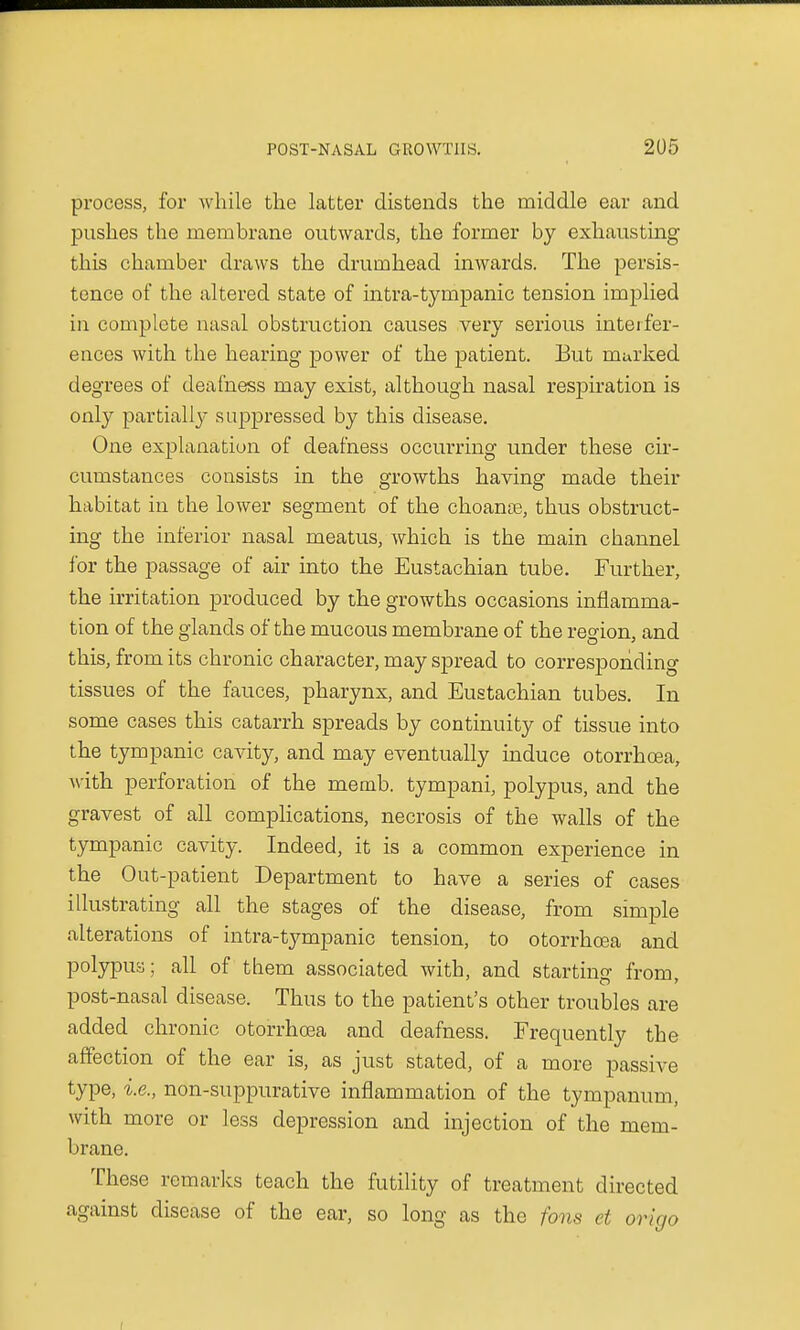 process, for while the latter distends the middle ear and pushes the membrane outwards, the former by exhausting this chamber draws the drumhead inwards. The persis- tence of the altered state of intra-tympanic tension implied in complete nasal obstruction causes very serious interfer- ences with the hearing power of the patient. But marked degrees of deafness may exist, although nasal respiration is only partially suppressed by this disease. One explanation of deafness occurring under these cir- cumstances consists in the growths having made their habitat in the lower segment of the choante, thus obstruct- ing the inferior nasal meatus, which is the main channel for the passage of air into the Eustachian tube. Further, the irritation produced by the growths occasions inflamma- tion of the glands of the mucous membrane of the region, and this, from its chronic character, may spread to corresponding tissues of the fauces, pharynx, and Eustachian tubes. In some cases this catarrh spreads by continuity of tissue into the tympanic cavity, and may eventually induce otorrhoea, with perforation of the memb. tympani, polypus, and the gravest of all complications, necrosis of the walls of the tympanic cavity. Indeed, it is a common experience in the Out-patient Department to have a series of cases illustrating all the stages of the disease, from simple alterations of intra-tympanic tension, to otorrhoea and polypus; all of them associated with, and starting from, post-nasal disease. Thus to the patient's other troubles are added chronic otorrhoea and deafness. Frequently the affection of the ear is, as just stated, of a more passive type, i.e., non-suppurative inflammation of the tympanum, with more or less depression and injection of the mem- brane. These remarks teach the futility of treatment directed against disease of the ear, so long as the fons et origo