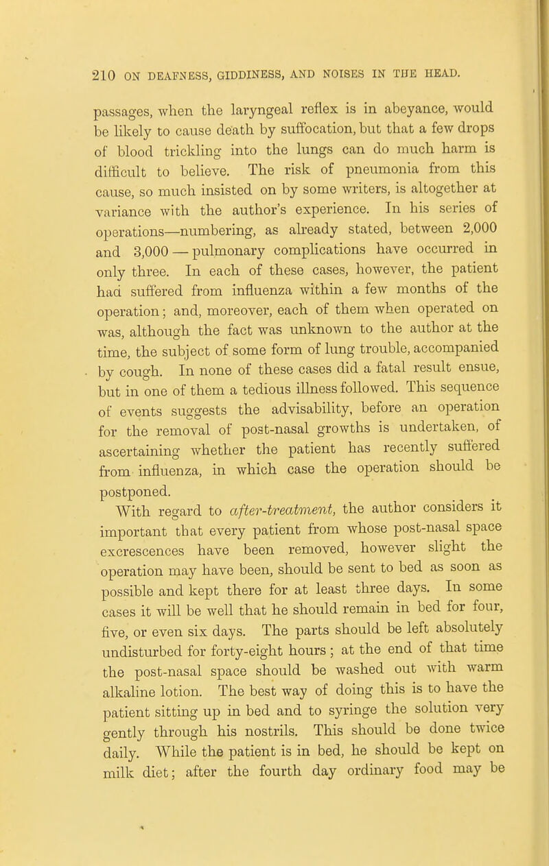 passages, when the laryngeal reflex is in abeyance, would be likely to cause death by suffocation, but that a few drops of blood trickling into the lungs can do much harm is difficult to believe. The risk of pneumonia from this cause, so much insisted on by some writers, is altogether at variance with the author's experience. In his series of operations—numbering, as already stated, between 2,000 and 3,000 — pulmonary complications have occurred in only three. In each of these cases, however, the patient had suffered from influenza within a few months of the operation; and, moreover, each of them when operated on was, although the fact was unknown to the author at the time, the subject of some form of lung trouble, accompanied by cough. In none of these cases did a fatal result ensue, but in one of them a tedious illness followed. This sequence of events suggests the advisability, before an operation for the removal of po3t-nasal growths is undertaken, of ascertaining whether the patient has recently suffered from influenza, in which case the operation should be postponed. With regard to after-treatment, the author considers it important that every patient from whose post-nasal space excrescences have been removed, however slight the operation may have been, should be sent to bed as soon as possible and kept there for at least three days. In some cases it will be well that he should remain in bed for four, five, or even six days. The parts should be left absolutely undisturbed for forty-eight hours ; at the end of that time the post-nasal space should be washed out with warm alkaline lotion. The best way of doing this is to have the patient sitting up in bed and to syringe the solution very gently through his nostrils. This should be done twice daily. While the patient is in bed, he should be kept on milk diet; after the fourth day ordinary food may be