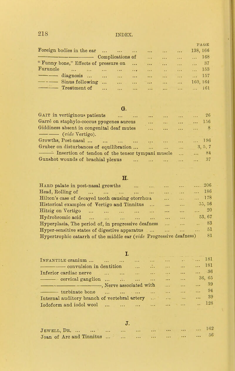 PAGE Foreign bodies in the ear 138, 166 Complications of 168  Funny bone, Effects of pressure on 37 Furuncle , ... 153 diagnosis 157 Sinus following 160, 164 Treatment of 161 G. Gait in vertiginous patients 26 Garre on staphylo-coccus pyogenes aureus 156 Giddiness absent in congenital deaf mutes 8 (vide Vertigo). Growths, Post-nasal 196 Gruber on disturbances of equilibration 3, 5, 7 Insertion of tendon of the tensor tympani muscle 84 Gunshot wounds of brachial plexus 37 H. Hahd palate in post-nasal growths 206 Head, Rolling of 186 Hilton's case of decayed tooth causing otorrhoea 178 Historical examples of Vertigo and Tinnitus 55, 56 Hitzig on Vertigo 20 Hydrobromic acid ... ... ... ... ... ... ... 53,67 Hyperplasia, The period of, in progressive deafness -• 83 Hyper-sensitive states of digestive apparatus 51 Hypertrophic catarrh of the middle ear (vide Progressive deafness) 81 I. Infantile cranium 181 convulsion in dentition ... .'. 181 Inferior cardiac nerve 36 cervical ganglion ... ... ... ... ••• ••• 36, 65 , Nerve associated with 39 turbinate bone 94 Internal auditory branch of vertebral artery ... .-. 39 Iodoform and iodol wool •• 1^55 Jewell, Dr 1,52 Joan of Arc and Tinnitus 5®