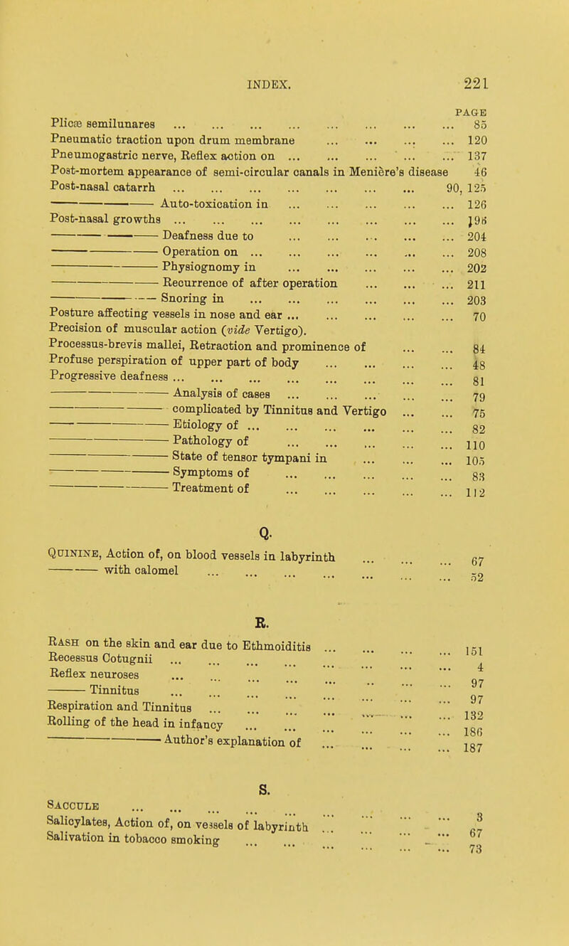 Plicre semilunares Pneumatic traction upon drum membrane Pneumogastric nerve, Reflex action on Post-mortem appearance of semi-circular canals in Meniere' Post-nasal catarrh — Auto-toxication in Post-nasal growths — Deafness due to Operation on Physiognomy in Recurrence of after operation Snoringr in Posture affecting vessels in nose and ear Precision of muscular action (vide Vertigo). Processus-brevis mallei, Retraotion and prominence of Profuse perspiration of upper part of body Progressive deafness Analysis of cases complicated by Tinnitus and Vertigo Etiology of Pathology of State of tensor tympani in Symptoms of Treatment of Q- Quinine, Action of, on blood vessels in labyrinth with calomel R. Rash on the skin and ear due to Ethmoiditis Recessus Cotugnii Reflex neuroses Tinnitus Respiration and Tinnitus Rolling of the head in infancy Author's explanation of S. Saccule Salicylates, Action of, on vessels of labyrinth Salivation in tobacco smoking