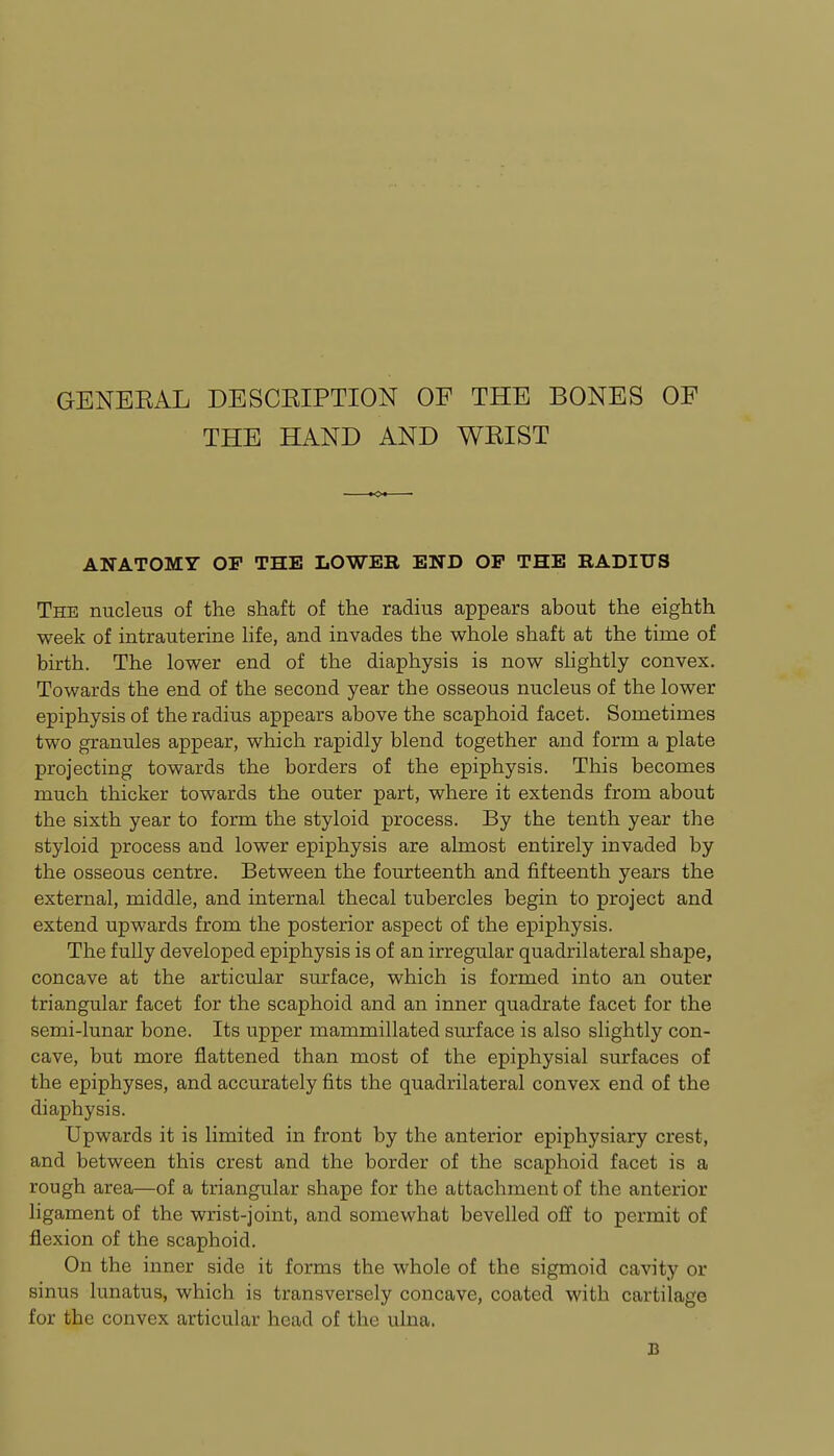 GENEEAL DESCRIPTION OF THE BONES OF THE HAND AND WRIST ANATOMY OP THE LOWEB END OP THE RADIUS The nucleus of the shaft of the radius appears about the eighth week of intrauterine Hfe, and invades the whole shaft at the time of birth. The lower end of the diaphysis is now slightly convex. Towards the end of the second year the osseous nucleus of the lower epiphysis of the radius appears above the scaphoid facet. Sometimes two granules appear, which rapidly blend together and form a plate projecting towards the borders of the epiphysis. This becomes much thicker towards the outer part, where it extends from about the sixth year to form the styloid process. By the tenth year the styloid process and lower epiphysis are almost entirely invaded by the osseous centre. Between the fourteenth and fifteenth years the external, middle, and internal thecal tubercles begin to project and extend upwards from the posterior aspect of the epiphysis. The fully developed epiphysis is of an irregular quadrilateral shape, concave at the articular surface, which is formed into an outer triangular facet for the scaphoid and an inner quadrate facet for the semi-lunar bone. Its upper mammillated surface is also slightly con- cave, but more flattened than most of the epiphysial surfaces of the epiphyses, and accurately fits the quadrilateral convex end of the diaphysis. Upwards it is limited in front by the anterior epiphysiary crest, and between this crest and the border of the scaphoid facet is a rough area—of a triangular shape for the attachment of the anterior ligament of the wrist-joint, and somewhat bevelled off to permit of flexion of the scaphoid. On the inner side it forms the whole of the sigmoid cavity or sinus lunatus, which is transversely concave, coated with cartilage for the convex articular head of the ulna. B