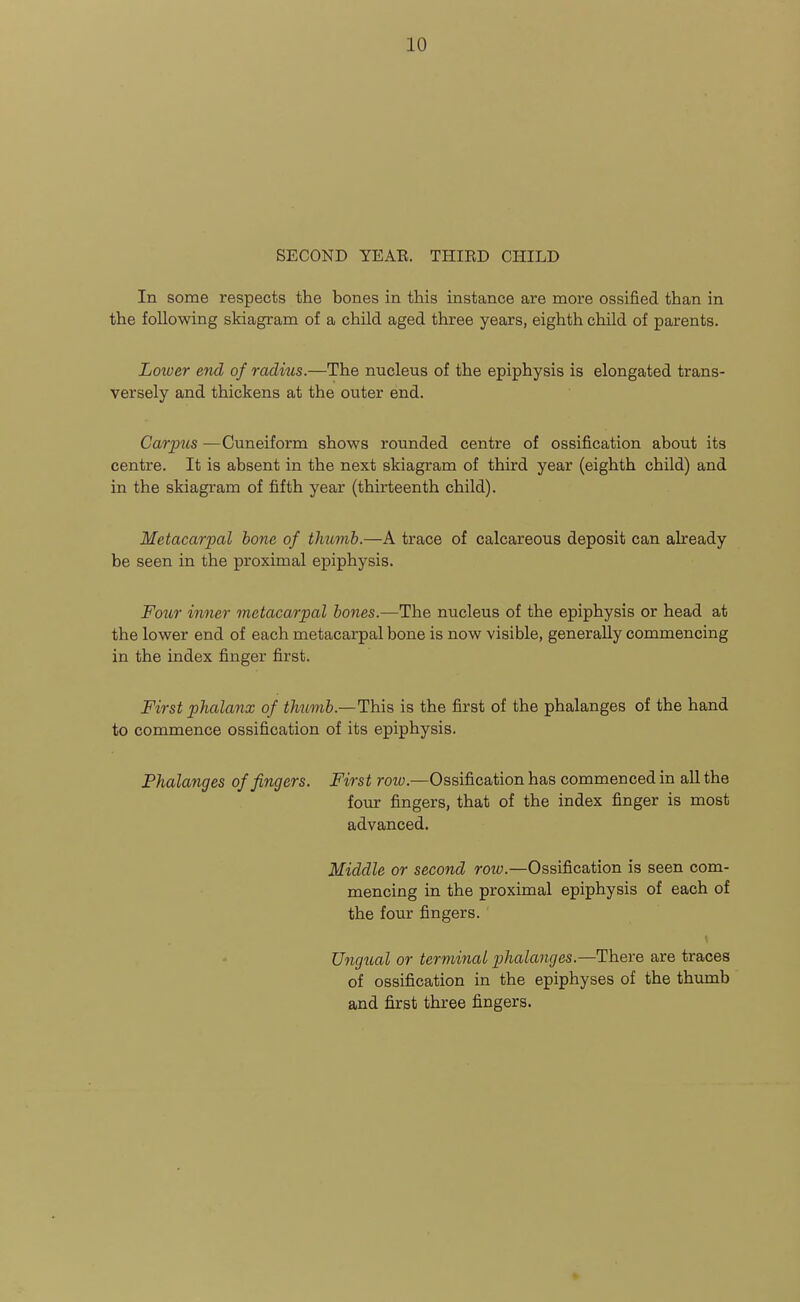 10 SECOND YEAR. THIRD CHILD In some respects the bones in this instance are more ossified than in the following skiagram of a child aged three years, eighth child of parents. Loioer end of radius.—The nucleus of the epiphysis is elongated trans- versely and thickens at the outer end. Carpics —Cuneiform shows rounded centre of ossification about its centre. It is absent in the next skiagram of third year (eighth child) and in the skiagram of fifth year (thirteenth child). Metacarpal hone of tlmvib.—A trace of calcareous deposit can already be seen in the proximal epiphysis. Fo^ir inner metacarpal hones.—The nucleus of the epiphysis or head at the lower end of each metacarpal bone is now visible, generally commencing in the index finger first. First phalanx of tJiumh.—Hhi?, is the first of the phalanges of the hand to commence ossification of its epiphysis. Phalanges of fingers. First roto.—Ossification has commenced in all the four fingers, that of the index finger is most advanced. Middle or second roiv.—Ossification is seen com- mencing in the proximal epiphysis of each of the four fingers. Ungual or terminal phalanges.—There are traces of ossification in the epiphyses of the thumb and first three fingers.
