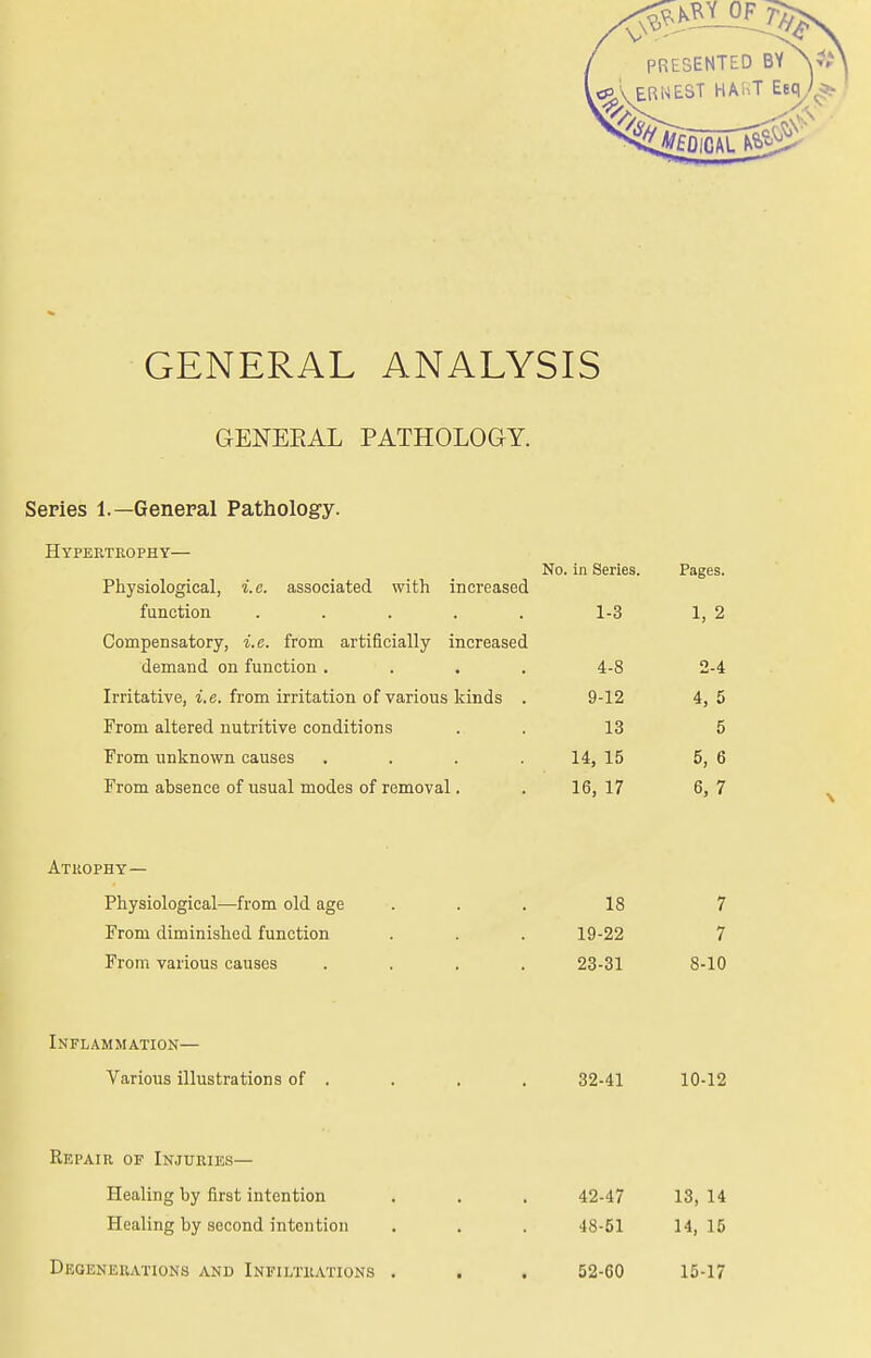 V £kky of PRESENTED ERWEST HAhT Eeq GENERAL ANALYSIS GENEEAL PATHOLOGY. Series 1.—General Pathology. Hypertrophy— Physiological, i.e. associated with increased function ..... Compensatory, i.e. from artificially increased demand on function .... Irritative, i.e. from irritation of various kinds . From altered nutritive conditions From unknown causes .... From absence of usual modes of removal. No. in Series. 1-3 4-8 9-12 13 14, 15 16, 17 Pages. 1, 2 2-4 4, 5 5 5, 6 6,7 Atrophy- Physiological—from old age From diminished function From various causes 18 19-22 23-31 7 7 8-10 Inflammation— Various illustrations of 32-41 10-12 Repair of Injuries— Healing by first intention Healing by second intention 42-47 48-51 13, 14 14, 15 Degenerations and Infiltrations 52-60 15-17