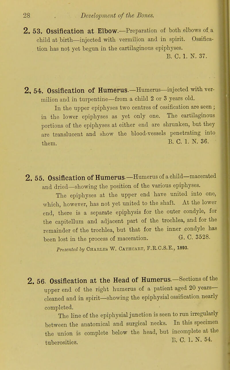 2. 53. Ossification at ElbOW—Preparation of both elbows of a child at birth—injected with vermilion and in spirit. Ossifica- tion has not yet begun in the cartilaginous epiphyses. B. C. 1. N. 37. 2, 54. Ossification Of Humerus.—Humerus—injected with ver- milion and in turpentine—from a child 2 or 3 years old. In the upper epiphyses two centres of ossification are seen; in the lower epiphyses as yet only one. The cartilaginous portions of the epiphyses at either end are shrunken, but they are translucent and show the blood-vessels penetrating into them. B. C. 1. N. 36. 2. 55. Ossification Of Humerus-—Humerus of a child—macerated and dried—showing the position of the various epiphyses. The epiphyses at the upper end have united into one, which, however, has not yet united to the shaft. At the lower end, there is a separate epiphysis for the outer condyle, for the capitellum and adjacent part of the trochlea, and for the remainder of the trochlea, but that for the inner condyle has been lost in the process of maceration. G. C. 3528. Presented by Charles W. Cathcart, F.R.C.S.E., 1893. 2. 56. Ossification at the Head of Humerus.—Sections of the upper end of the right humerus of a patient aged 20 years- cleaned and in spirit—showing the epiphysial ossification nearly completed. The line of the epiphysial junction is seen to run irregularly between the anatomical and surgical necks. In this specimen the union is complete below the head, but incomplete at the tuberosities. B- C. 1. N. 54.