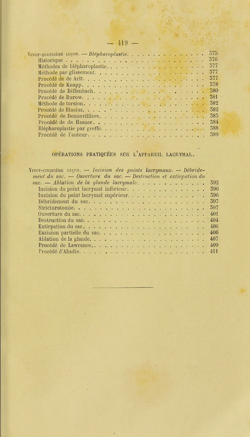 — 4.19 — Vi.NGT-QUATuiEME LECON. — Blep/taroplasHe Historique 376 M6thodes de bl6pharoplastie 377 Methode par glissemont 377 Proced6 de de Arlt. 377 Proc6de de Knapp 378 Pi'ocede de Diffenbach 380 Proc6d6 de Burow. 381 Methode de torsion 382 Proc6de de Blasius • 382 Proc6d6 de Denonvilliers. . . . , 385 Proc6d6 de de Hasner 384 C16pharoplastie par greffe . . 388 Precede de I'auteur 389 OPERATIONS PRATIQUEES SDR l'aPPAREIL LACRYMAL. ViNGT-cisQuiEME LHcox. — Iiicision dcs 2Joinis lacrymaux. — Debride- ment du sac. — Ouvertiire du sac. — Destruction et extirpation du sac. — Ablation de la glande lacrymalc 392 Incision du point lacrymal inferieur 396 Incision du point laci'ymal sup6rieur . 396 Debridement du sac. 397 Stricturotomie 397 Ouverture du sac 401 Destruction du sac '404 Extirpation du sac, . . 400 Excision partielle du sac 406 Ablation de la glande 407 Precede de Lawence.. . 409 Procdde d'Abadie 411