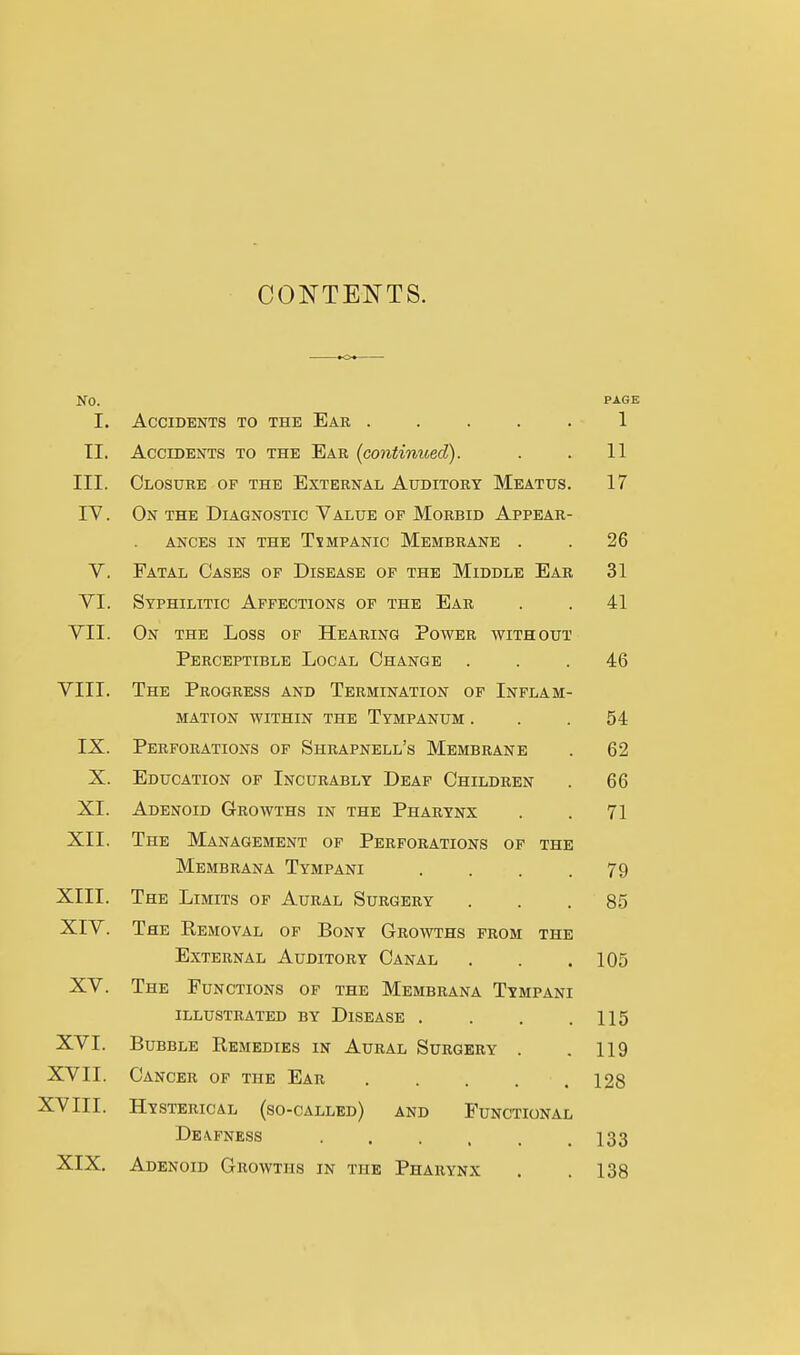 CONTENTS. No. PAGE I. Accidents to the Ear ..... 1 II. Accidents to the Ear (continued). . . 11 III. Closure of the External Auditory Meatus. 17 lY. On the Diagnostic Value of Morbid Appear- ances in the Tsmpanic Membrane . . 26 V. Fatal Cases of Disease of the Middle Ear 31 VI. Syphilitic Affections of the Ear . . 41 VII. On the Loss of Hearing Power without Perceptible Local Change ... 46 VIII. The Progress and Termination of Inflam- mation within the Tympanum ... 54 IX. Perforations of Shrapnell's Membrane . 62 X. Education of Incurably Deaf Children . 66 XI. Adenoid Growths in the Pharynx . . 71 XII. The Management of Perforations op the Membrana Tympani .... 79 XIII. The Limits of Aural Surgery ... 85 XIV. The Removal of Bony Growths from the External Auditory Canal . . .105 XV. The Functions of the Membrana Tympani illustrated by Disease . . . .115 XVI. Bubble Remedies in Aural Surgery . .119 XVII. Cancer of the Ear . . . . .128 XVIII. Hysterical (so-called) and Functional Deafness . . . , . .133 XIX. Adenoid Growths in the Pharynx . .138