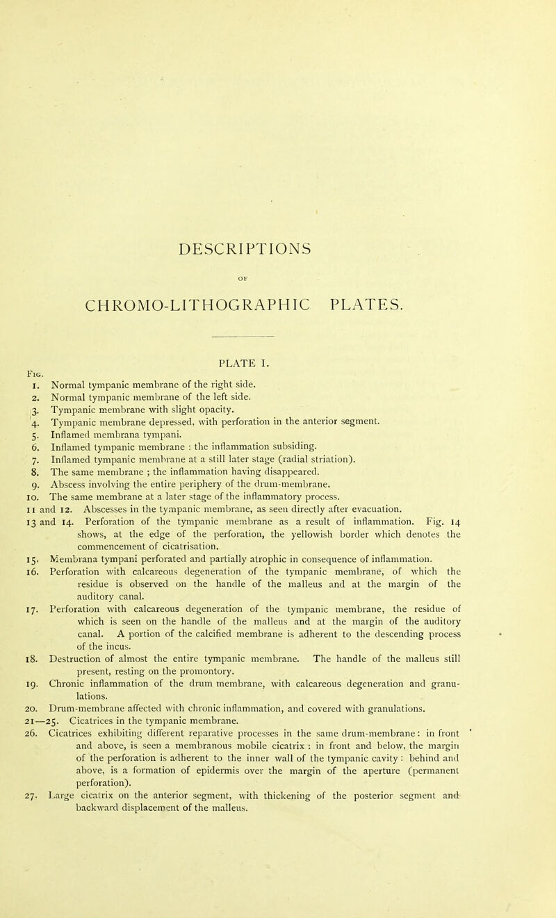 CHRO MO- DESCRIPTIONS OF LITHOGRAPHIC PLATES. PLATE I. Fig. 1. Normal tympanic membrane of the right side. 2. Normal tympanic membrane of the left side. 3. Tympanic membrane with slight opacity. 4. Tympanic membrane depressed, with perforation in the anterior segment. 5. Inflamed membrana tympani. 6. Inflamed tympanic membrane : the inflammation subsiding. 7. Inflamed tympanic membrane at a still later stage (radial striation). 8. The same membrane ; the inflammation having disappeared. 9. Abscess involving the entire periphery of the drum-membrane. 10. The same membrane at a later stage of the inflammatory process. II and 12. Abscesses in the tympanic membrane, as seen directly after evacuation. 13 and 14. Perforation of the tympanic membrane as a result of inflammation. Fig. 14 shows, at the edge of the perforation, the yellowish border which denotes the commencement of cicatrisation. 15. Membrana tympani perforated and partially atrophic in consequence of inflammation. 16. Perforation with calcareous degeneration of the tympanic membrane, of which the residue is observed on the handle of the malleus and at the margin of the auditory canal. 17. Perforation with calcareous degeneration of the tympanic membrane, the residue of which is seen on the handle of the malleus and at the margin of the auditory canal. A portion of the calcified membrane is adherent to the descending process of the incus. 18. Destruction of almost the entire tympanic membrane. The handle of the malleus still present, resting on the promontory. 19. Chronic inflammation of the drum membrane, with calcareous degeneration and granu- lations. 20. Drum-membrane affected with chronic inflammation, and covered with granulations. 21—25. Cicatrices in the tympanic membrane. 26. Cicatrices exhibiting different reparative processes in the same drum-membrane : in front and above, is seen a membranous mobile cicatrix : in front and below, the margin of the perforation is adherent to the inner wall of the tympanic cavity : behind and above, is a formation of epidermis over the margin of the aperture (permanent perforation). 27. Large cicatrix on the anterior segment, with thickening of the posterior segment and backward displacement of the malleus.