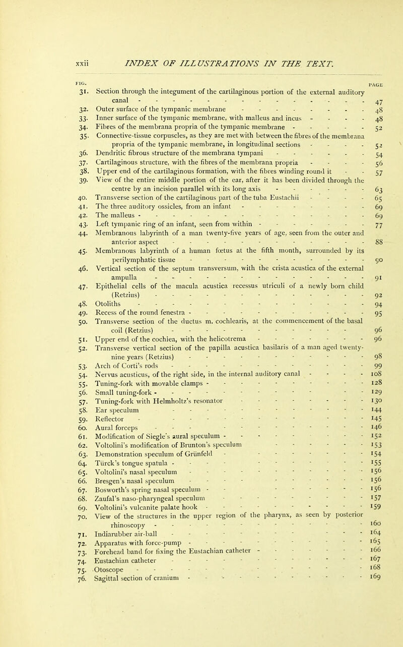 FIG- PAGE 31. Section through the integument of the cartilaginous portion of the external auditory canal 47 32. Outer surface of the tympanic membrane - 48 33. Inner surface of the tympanic membrane, with malleus and incus - ... 48 34. Fibres of the membrana propria of the tympanic membrane 52 35. Connective-tissue corpuscles, as they are met with between the fibres of the membrana propria of the tympanic membrane, in longitudinal sections - - - 52 36. Dendritic fibrous structure of the membrana tympani 54 37. Cartilaginous structure, with the fibres of the membrana propria - - - - 56 38. Upper end of the cartilaginous formation, with the fibres winding round it - - 57 39. View of the entire middle portion of the ear, after it has been divided through the centre by an incision parallel with its long axis ------ 63 40. Transverse section of the cartilaginous part of the tuba Eustachii - - - - 65 41. The three auditory ossicles, from an infant -------- 6g 42. The malleus - - - • - - - - - - - -. - - 69 43. Left tympanic ring of an infant, seen from within - - - - - - 77 44. Membranous labyrinth of a man twenty-five years of age, seen from the outer and anterior aspect g8 45. Membranous labyrinth of a human foetus at the fifth month, surrounded by its perilymphatic tissue - - - - - - - - - -90 46. Vertical section of the septum transversum, with the crista acustica of the external ampulla gi 47. Epithelial cells of the macula acustica recessus utriculi of a newly born child (Retzius) 92 48. Otoliths 94 49. Recess of the round fenestra 95 50. Transverse section of the ductus m. cochlearis, at the commencement of the basal coil (Retzius) 96 51. Upper end of the cochiea, with the helicotrema 96 52. Transverse vertical section of the papilla acustica basilaris of a man aged twenty- nine years (Retzius) - 98 53. Arch of Corti's rods 1 99 54. Nervus acusticus, of the right side, in the internal auditory canal .... 108 55. Tuning-fork with movable clamps 128 56. Small tuning-fork - - 129 57. Tuning-fork with Helmholtz's resonator 130 58. Ear speculum ... - 144 59. Reflector - - HS 60. Aural forceps - - - - -. - -• 61. Modification of Siegle's aural speculum 152 62. Voltolini's modification of Brunton's speculum 153 63. Demonstration speculum of Grünfeld - - - -- ---154 64. Türck's tongue spatula - - - - ....... 155 65. Voltolini's nasal speculum - '5^ 66. Bresgen's nasal speculum .... ...... 156 67. Bosworth's spring nasal speculum - - 156 68. Zaufal's naso-pharyngeal speculum 157 69. Voltolini's vulcanite palate hook - - - - - - - - - x59 70. View of the structures in the upper region of the pharynx, as seen by posterior rhinoscopy - - ' -160 71. Indiarubber air-ball ... 164 72. Apparatus with force-pump '^5 73. Forehead band for fixing the Eustachian catheter - 166 74. Eustachian catheter '^7 75. Otoscope ------ - - - 168 76. Sagittal section of cranium - - v 169