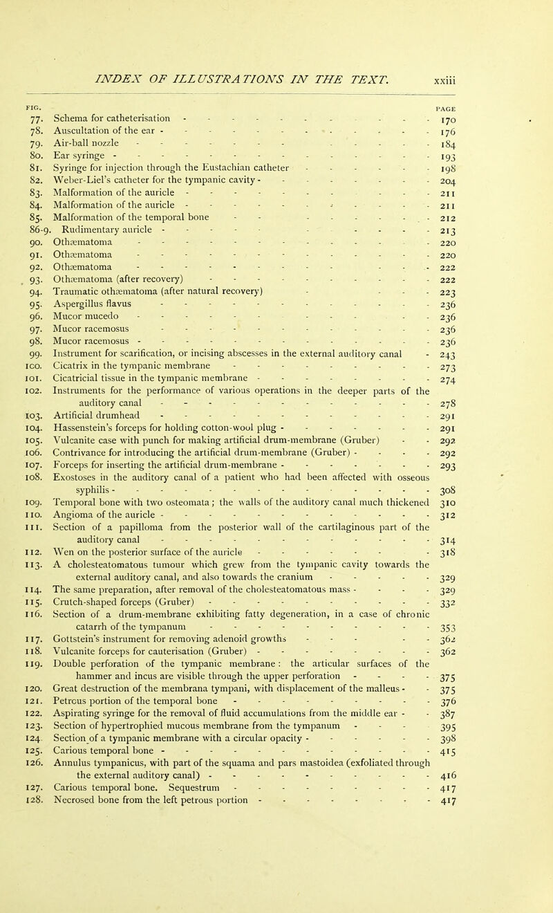 FIG. PAGE 77. Schema for catheterisation ------- - - - 170 78. Auscultation of the ear - - - - - - •» - - - - -176 79. Air-ball nozzle ------- ..... jg^ 80. Ear syringe 193 81. Syringe for injection through the Eustachian catheter igg 82. Weber-Liel's catheter for the tympanic cavity 204 83. Malformation of the auricle ------- ... 211 84. Malformation of the auricle - - - - - - -• - - - - 211 85. Malformation of the temporal bone - - - - - - - . - 212 86-9. Rudimentary auricle ----- .... 213 90. Othsematoma - - - - - - - - - - - - 220 91. Othsematoma 220 92. Othsematoma - - - - - - 222 93. Othematoma (after recovery) 222 94. Traumatic othematoma (after natural recovery) - ... 223 95. Aspergillus flavus ------------ 236 96. Mucor mucedo ... 236 97. Mucor racemosus - 236 98. Mucor racemosus - - - - - - - . - - - . 236 99. Instrument for scarification, or incising abscesses in the external auditory canal - 243 ico. Cicatrix in the tympanic membrane 273 101. Cicatricial tissue in the tympanic membrane -------- 274 102. Instruments for the performance of various operations in the deeper parts of the auditory canal - - '- - - - • - - ... . 278 103. Artificial drumhead - - - - - - - - - - - -291 104. Hassenstein's forceps for holding cotton-wool plug - - 291 105. Vulcanite case with punch for making artificial drum-membrane (Gruber) - - 292 106. Contrivance for introducing the artificial drum-membrane (Gruber) - 292 107. Forceps for inserting the artificial drum-membrane 293 108. Exostoses in the auditory canal of a patient who had been affected with osseous syphilis - - - - - - - 308 109. Temporal bone with two osteomata; the walls of the auditory canal much thickened 310 no. Angioma of the auricle - - - - 312 in. Section of a papilloma from the posterior wall of the cartilaginous part of the auditory canal - - - - - - - -' - - - - 314 112. Wen on the posterior surface of the auricle ...... . 31g 113. A cholesteatomatous tumour which grew from the tympanic cavity towards the external auditory canal, and also towards the cranium - 329 114. The same preparation, after removal of the cholesteatomatous mass - - - - 329 115. Crutch-shaped forceps (Gruber) 332 116. Section of a drum-membrane exhibiting fatty degeneration, in a case of chronic catarrh of the tympanum - - - - - - - - - 353 117. Gottstein's instrument for removing adenoid growths ... . 362 118. Vulcanite forceps for cauterisation (Gruber) - - 362 119. Double perforation of the tympanic membrane: the articular surfaces of the hammer and incus are visible through the upper perforation - 375 120. Great destruction of the membrana tympani, with displacement of the malleus - - 375 121. Petrous portion of the temporal bone - - 376 122. Aspirating syringe for the removal of fluid accumulations from the middle ear - - 387 123. Section of hypertrophied mucous membrane from the tympanum - - - 395 124. Section of a tympanic membrane with a circular opacity ------ 398 125. Carious temporal bone 415 126. Annulus tympanicus, with part of the squama and pars mastoidea (exfoliated through the external auditory canal) - - - - - - - - - - 416 127. Carious temporal bone. Sequestrum - 417 128. Necrosed bone from the left petrous portion • • - 417