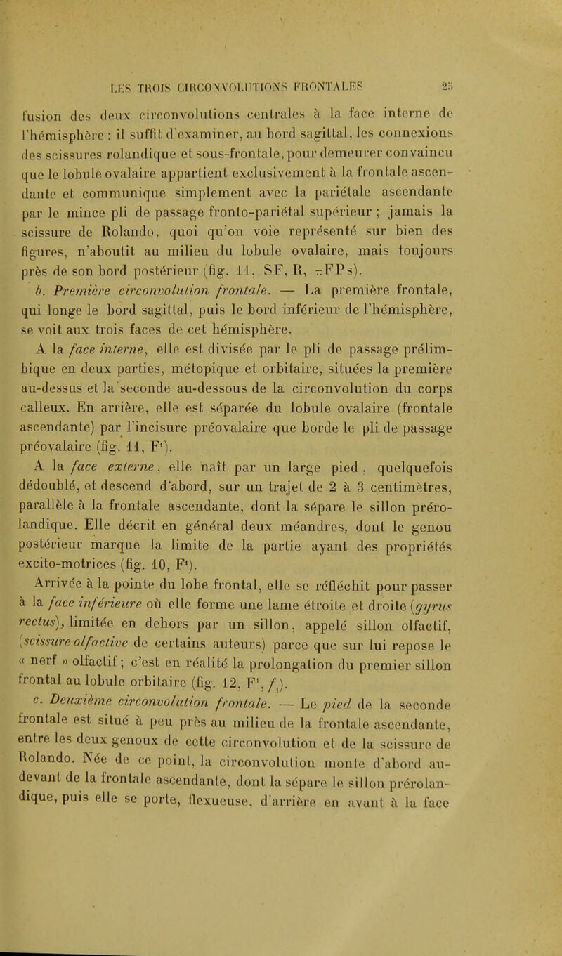 LES TROIS GiaCONVOLUTIONS FRONTALES 2b fusion des deux circonvolutions centrales a La lace interne de ['hemisphere : il suffit d'examiner, an hord sagittal, les connexions des scissures rolandique et sous-frontal e, pour demeurer convaincu que le lobule ovalaire appartient exclusivement a la frontale ascen- dante et communique simplement avec la paridlale ascendante par le mince pli de passage fronlo-parietal superieur ; jamais la scissure de Rolando, quoi qu'on voie represents sur bien des figures, n'aboulit au milieu du lobule ovalaire, mais toujours pres de son bord posterieur (fig. 11, SF, It, ttFPs). b. Premiere circonvolution frontale. — La premiere frontale, qui longe le bord sagittal, puis le bord inferieur de l'hemisphere, se voit aux trois faces de cet hemisphere. A la face interne, elle est divisee par le pli de passage prelim- bique en deux parties, metopique et orbitaire, situees la premiere au-dessus et la seconde au-dessous de la circonvolution du corps calleux. En arriere, elle est sdparee du lobule ovalaire (frontale ascendante) par l'incisure preovalaire que borde le pli de passage prdovalaire (fig. 11, F1). A la face exlerne, elle nait par un large pied , quelquefois dedouble, et descend d'abord, sur un trajet de 2 a 3 centimetres, parallele a la frontale ascendante, dont la separe le sillon prdro- landique. Elle decrit en general deux meandres, dont le genou posterieur marque la limite de la partie ayant des proprie'te's excito-motrices (fig. 10, F1). Arrive'e a la pointe du lobe frontal, elle se rellechit pour passer a la face inferieure oil elle forme une lame etroile et droite {gyrus rectus), limite'e en dehors par un sillon, appele sillon olfactif, [scissure olfactive de certains auteurs) parce que sur lui repose le « nerf » olfactif; e'est en realitC la prolongation du premier sillon frontal au lobule orbitaire (fig. 12, F1, f). c. Deuxieme circonvolution frontale. — Le pied de La soconde frontale est situd a peu pres au milieu de la frontale ascendante, entre les deux genoux de cctte circonvolution et de La scissure de Rolando. Ne'e de ce point, la circonvolution monte d'abord au- devant de la frontale ascendante, dont la separe le sillon prerolan dique, puis elle se porte, flexueuse, d'arriere en avanl a la face