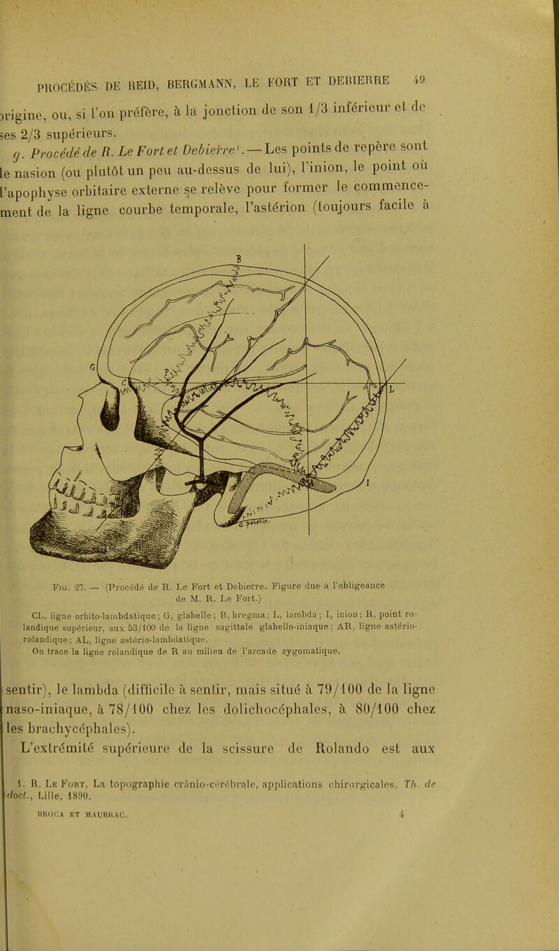 Lgine, ou, si I'on prdfere, a la jonclion tic son 1/3 infencur el do ses 2/3 supei ieui's. g. Procedede R. LeFortet Debierre1. — Les points de repere sont lenasion (ou plutdtun pea au-dcssus de lui), l'inion, lc point oil I'apophyse orbitaire externese releve pour former le commence- ment de la ligne courbe temporale, l'asterion (toujours facile a Fig. 27. — (Procede de R. Lo Fort et Debierre. Figure due a l'obligeance de M. R. Le Fort.) CL, ligne orbito-lambdatiquo; G, glabelle; B, bregma; L, lambda; I, inion; R, point ro- landique superieur, aux b3/100 dc la ligne sagittate glabello-iniaquo; AR, ligne asterio- rolandique; AL, ligne asterio-lambdatique. On trace la ligno rolandique de R an milieu de l'arcado zygomatiquo. sentir), le lambda (difficile a sentir, mais situ6 a 79/100 de la ligne naso-iniaque, a 78/100 chez les dolichoccphales, a 80/100 chez les brachycdphales). L'exlrc'mite' supe'rieure de la scissure de Rolando est aux i. K. Lb Kurt, La topographic cr;inio-crivbrale, applications chirnrgicalps. Th. de doct., Lille, 18!)0. BROCA KT MAUBBAC. 4