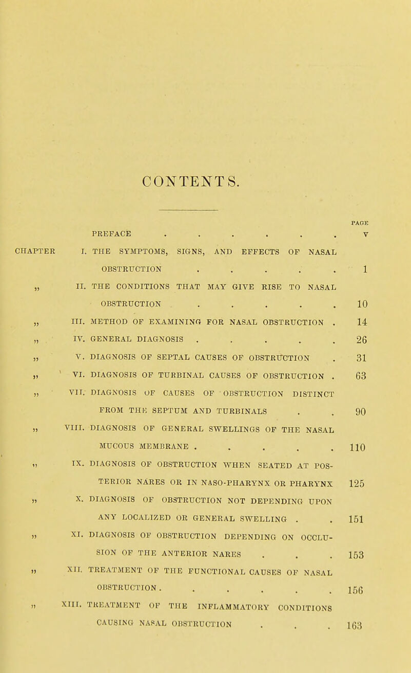 CONTENTS. PREFACE ...... J. THE SYMPTOMS, SIGNS, AND EFFECTS OF NASAL OBSTRUCTION II. THE CONDITIONS THAT MAY GIVE RISE TO NASAL OBSTRUCTION . III. METHOD OF EXAMINING FOR NASAL OBSTRUCTION . IV. GENERAL DIAGNOSIS ..... V. DIAGNOSIS OF SEPTAL CAUSES OF OBSTRUCTION VI. DIAGNOSIS OF TURBINAL CAUSES OF OBSTRUCTION . VII. DIAGNOSIS OF CAUSES OF OBSTRUCTION DISTINCT FROM THIO SEPTUM AND TURBINALS VIII. DIAGNOSIS OF GENERAL SWELLINGS OF THE NASAL MUCOUS MEMBRANE ..... IX. DIAGNOSIS OF OBSTRUCTION WHEN SEATED AT POS- TERIOR NARES OR IN NASO-PHARYNX OR PHARYNX X. DIAGNOSIS OF OBSTRUCTION NOT DEPENDING UPON ANY LOCALIZED OR GENERAL SWELLING . XI. DIAGNOSIS OF OBSTRUCTION DEPENDING ON OCCLU- SION OF THE ANTERIOR NARES Xir. TREATMENT OF THE FUNCTIONAL CAUSES OF NASAL OBSTRUCTION .... XIII. TREATMENT OF THE INFLAMMATORY CONDITIONS CAUSING NASAL OBSTRUCTION