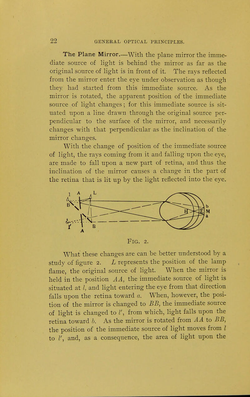 The Plane Mirror—With the plane mirror the imme- diate source of light is behind the mirror as far as the original source of light is in front of it. The rays reflected from the mirror enter the eye under observation as though they had started from this immediate source. As the mirror is rotated, the apparent position of the immediate source of liglit changes; for this immediate source is sit- uated upon a line drawn through the original source per- pendicular to the surface of the mirror, and necessarily changes with that perpendicular as the inclination of the mirror changes. With the change of position of the immediate source of light, the rays coming from it and falling upon the eye, are made to fall upon a new part of retina, and thus the inclination of the mirror causes a change in the part of the retina that is lit up by the light reflected into the eye. Fig. 2. What these changes are can be better understood by a study of figure 2. L represents the position of the lamp flame, the original source of light. When the mirror is held in the position A A, the immediate source of light is situated at I, and light entering the eye from that direction falls upon the retina toward a, When, however, the posi- tion of the mirror is changed to BB, the immediate source of light is changed to V, from which, light falls upon the retina toward b. As the mirror is rotated from A A to BB, the position of the immediate source of light moves from I to I', and, as a consequence, the area of light upon the