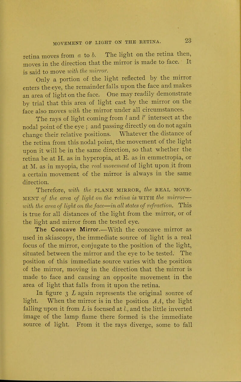 MOVEMENT OF LIGHT ON THE RETINA. retina moves from a to b. The light on the retina then, moves in the direction that the mirror is made to face. It is said to move with the mirror. Only a portion of the light reflected by the mirror enters the eye, the remainder falls upon the face and makes an area of light on the face. One may readily demonstrate by trial that this area of light cast by the mirror on the face also moves with the mirror under all circumstances. The rays of light coming from I and V intersect at the nodal point of the eye ; and passing directly on do not again change their relative positions. Whatever the distance of the retina from this nodal point, the movement of the light upon it will be in the same direction, so that whether the retina be at H. as in hyperopia, at E. as in emmetropia, or at M. as in myopia, the real movement of light upon it from a certain movement of the mirror is always in the same direction. Therefore, with the plane mirror, the real move- ment of the area of light on the retina is with the mirror— with the area of light on the face—in all states of refraction. This is true for all distances of the light from the mirror, or of the light and mirror from the tested eye. The Concave Mirror.—With the concave mirror as used in skiascopy, the immediate source of light is a real focus of the mirror, conjugate to the position of the light, situated between the mirror and the eye to be tested. The position of this immediate source varies with the position of the mirror, moving in the direction that the mirror is made to face and causing an opposite movement in the area of light that falls from it upon the retina. In figure 3 L again represents the original source of light. When the mirror is in the position A A, the light falling upon it from L is focused at l, and the little inverted image of the lamp flame there formed is the immediate source of light. From it the rays diverge, some to fall