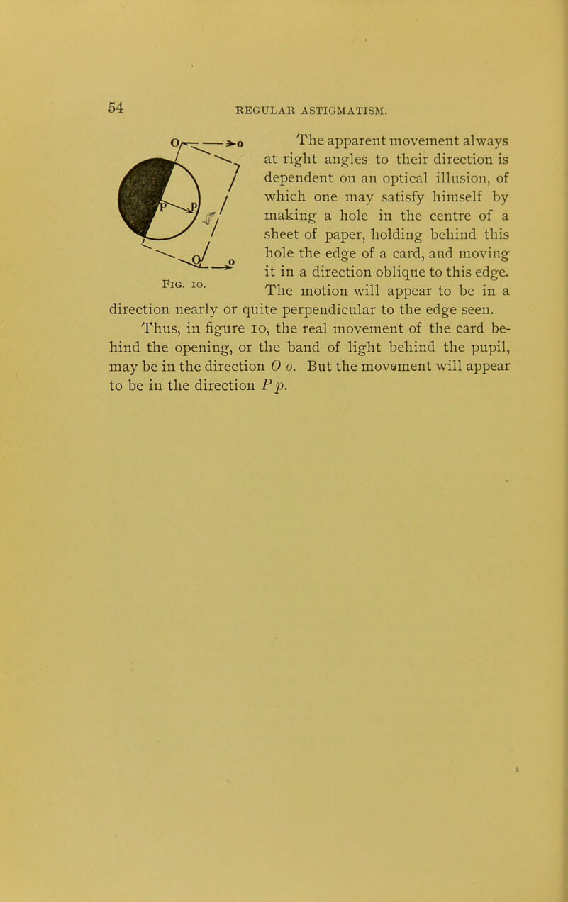 cy^r^-— The apparent movement always ^ ^ at right angles to their direction is j dependent on an optical illusion, of / which one may satisfy himself by jgj making a hole in the centre of a ' sheet of paper, holding behind this q/ o hole the edge of a card, and moving * it in a direction oblique to this edge. Fig. io. The motion will appear to be in a direction nearly or quite perpendicular to the edge seen. Thus, in figure io, the real movement of the card be- hind the opening, or the band of light behind the pupil, may be in the direction 0 o. But the movement will appear to be in the direction Pp.