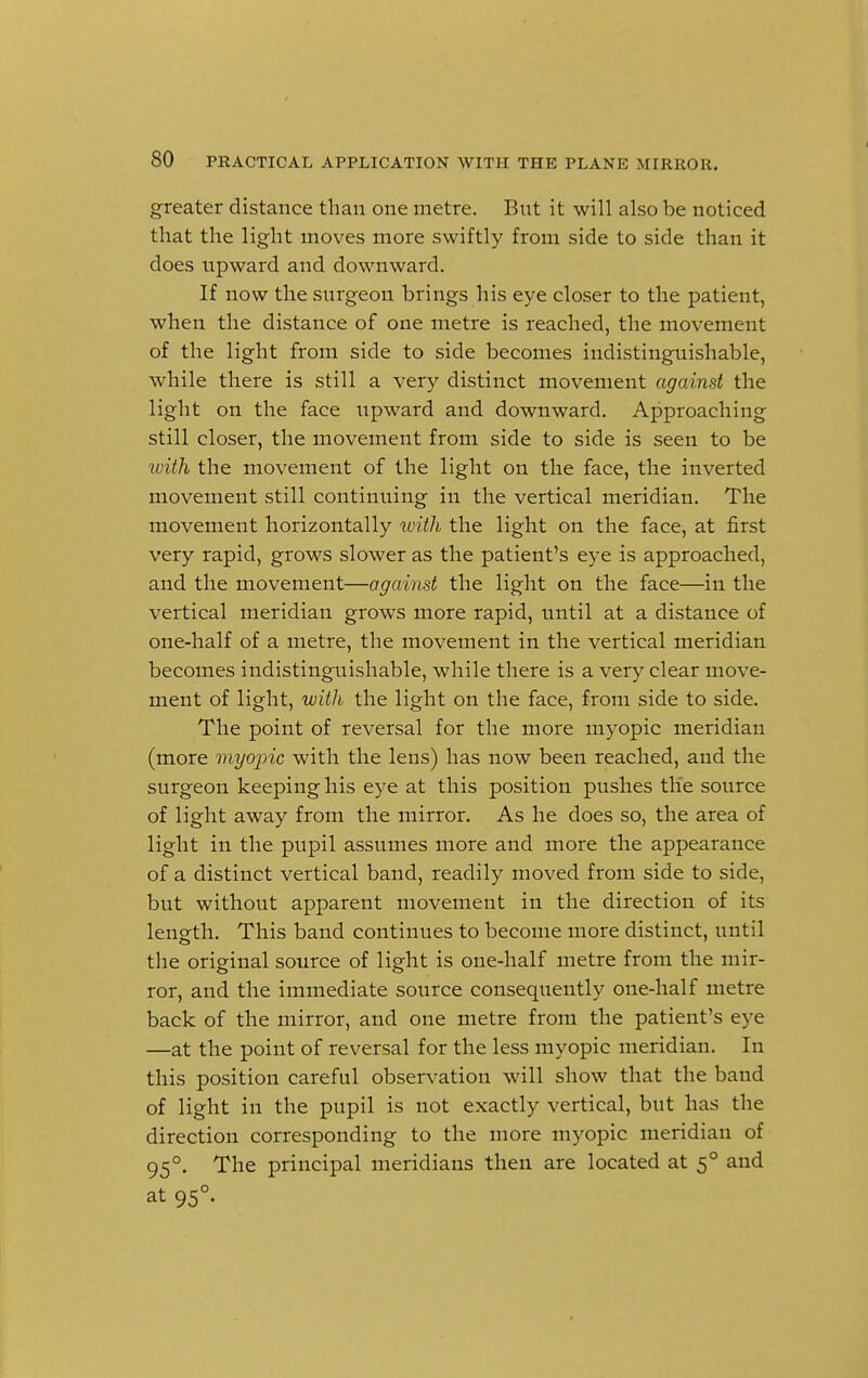greater distance than one metre. But it will also be noticed that the light moves more swiftly from side to side than it does upward and downward. If now the surgeon brings his eye closer to the patient, when the distance of one metre is reached, the movement of the light from side to side becomes indistinguishable, while there is still a very distinct movement against the light on the face npward and downward. Approaching still closer, the movement from side to side is seen to be with the movement of the light on the face, the inverted movement still continuing in the vertical meridian. The movement horizontally with the light on the face, at first very rapid, grows slower as the patient's eye is approached, and the movement—against the light on the face—in the vertical meridian grows more rapid, until at a distance of one-half of a metre, the movement in the vertical meridian becomes indistinguishable, while there is a very clear move- ment of light, with the light on the face, from side to side. The point of reversal for the more myopic meridian (more myopic with the lens) has now been reached, and the surgeon keeping his eye at this position pushes the source of light away from the mirror. As he does so, the area of light in the pupil assumes more and more the appearance of a distinct vertical band, readily moved from side to side, but without apparent movement in the direction of its length. This band continues to become more distinct, until the original source of light is one-half metre from the mir- ror, and the immediate source consequently one-half metre back of the mirror, and one metre from the patient's eye —at the point of reversal for the less myopic meridian. In this position careful observation will show that the band of light in the pupil is not exactly vertical, but has the direction corresponding to the more myopic meridian of 950. The principal meridians then are located at 50 and at 950.
