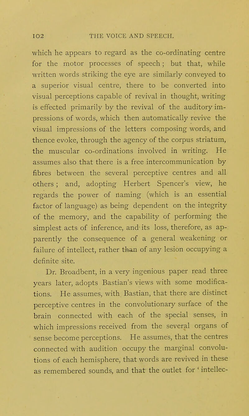 which he appears to regard as the co-ordinating centre for the motor processes of speech; but that, while written words striking the eye are similarly conveyed to a superior visual centre, there to be converted into visual perceptions capable of revival in thought, writing is effected primarily by the revival of the auditory im- pressions of words, which then automatically revive the visual impressions of the letters composing words, and thence evoke, through the agency of the corpus striatum, the muscular co-ordinations involved in writing. He assumes also that there is a free intercommunication by fibres between the several perceptive centres and all others ; and, adopting Herbert Spencer's view, he regards the power of naming (which is an essential factor of language) as being dependent on the integrity of the memory, and the capability of performing the simplest acts of inference, and its loss, therefore, as ap- parently the consequence of a general weakening or failure of intellect, rather than of any lesion occupying a definite site. Dr. Broadbent, in a very ingenious paper read three years later, adopts Bastian's views with some modifica- tions. He assumes, with Bastian, that there are distinct perceptive centres in the convolutionary surface of the brain connected with each of the special senses, in which impressions received from the several organs of sense become perceptions. He assumes, that the centres connected with audition occupy the marginal convolu- tions of each hemisphere, that words are revived in these as remembered sounds, and that the outlet for ' intellec-